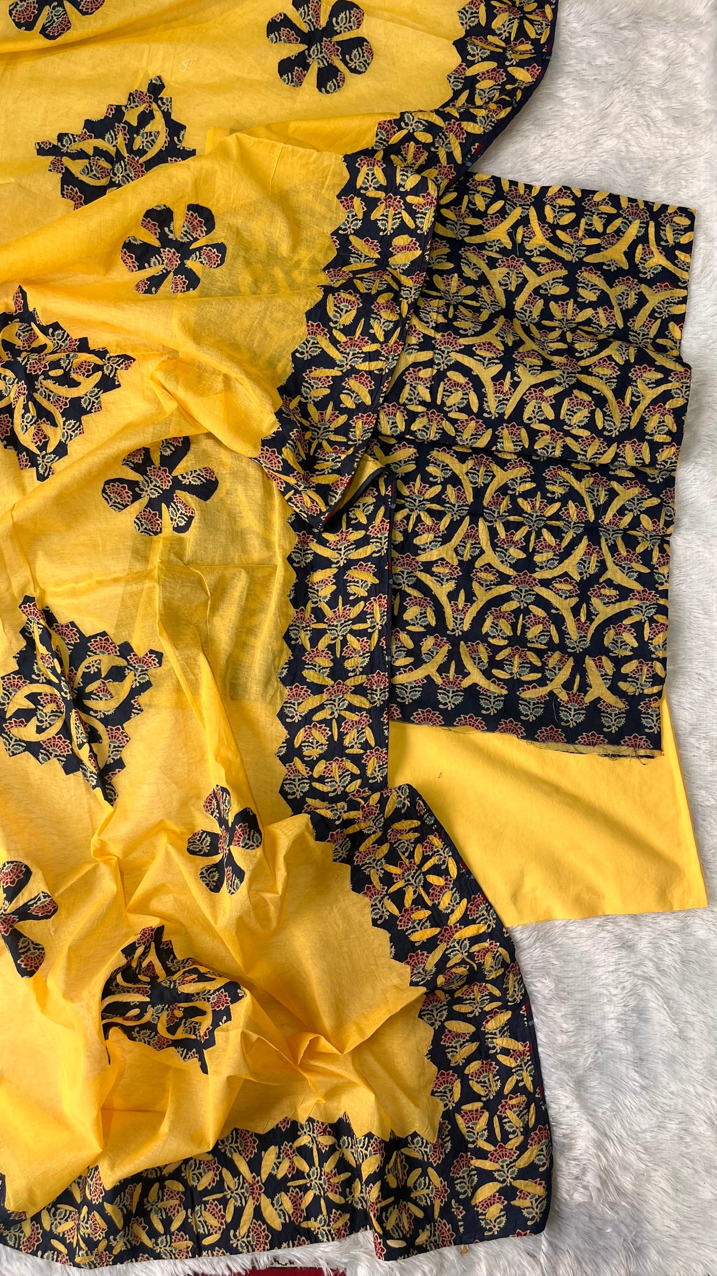 Green and Yellow Ajrakh Applique Cut Work Cotton 3pc Suit Material Set