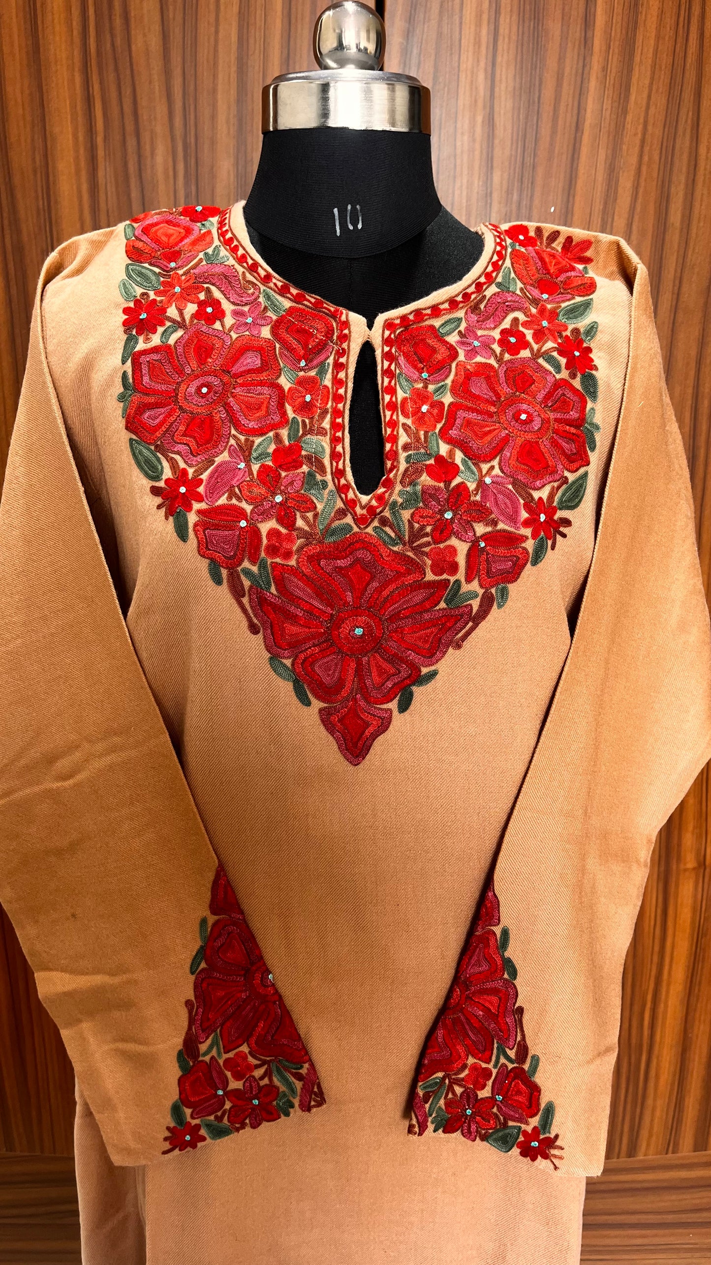 Beige Shade Aari Hand Embroidered Pure Marino Wool Pheran with Pockets