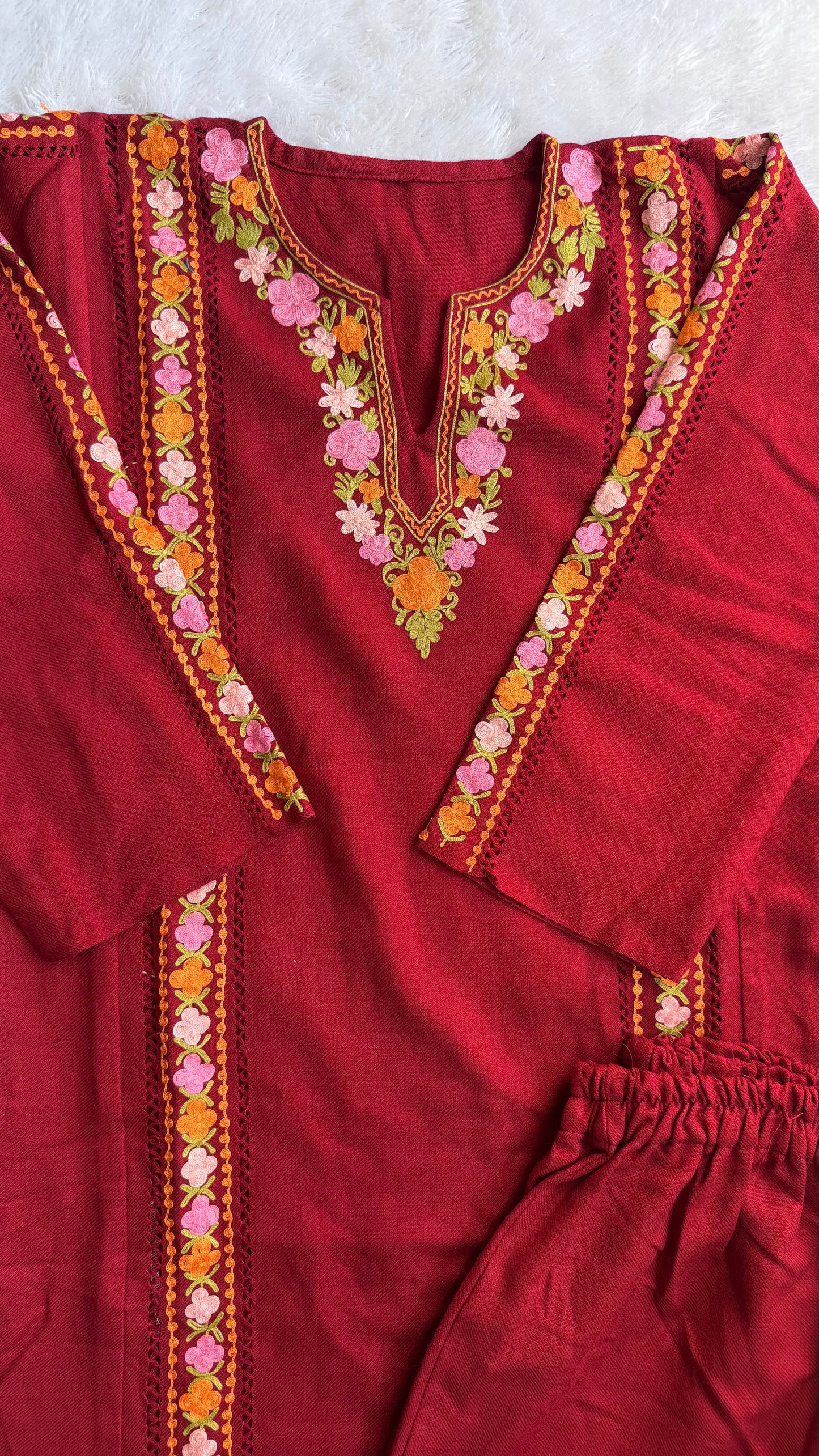 Maroon with Multicoloured Floral Kashmiri Aari Hand Embroidered Woollen Pheran Set with Pockets and Pants