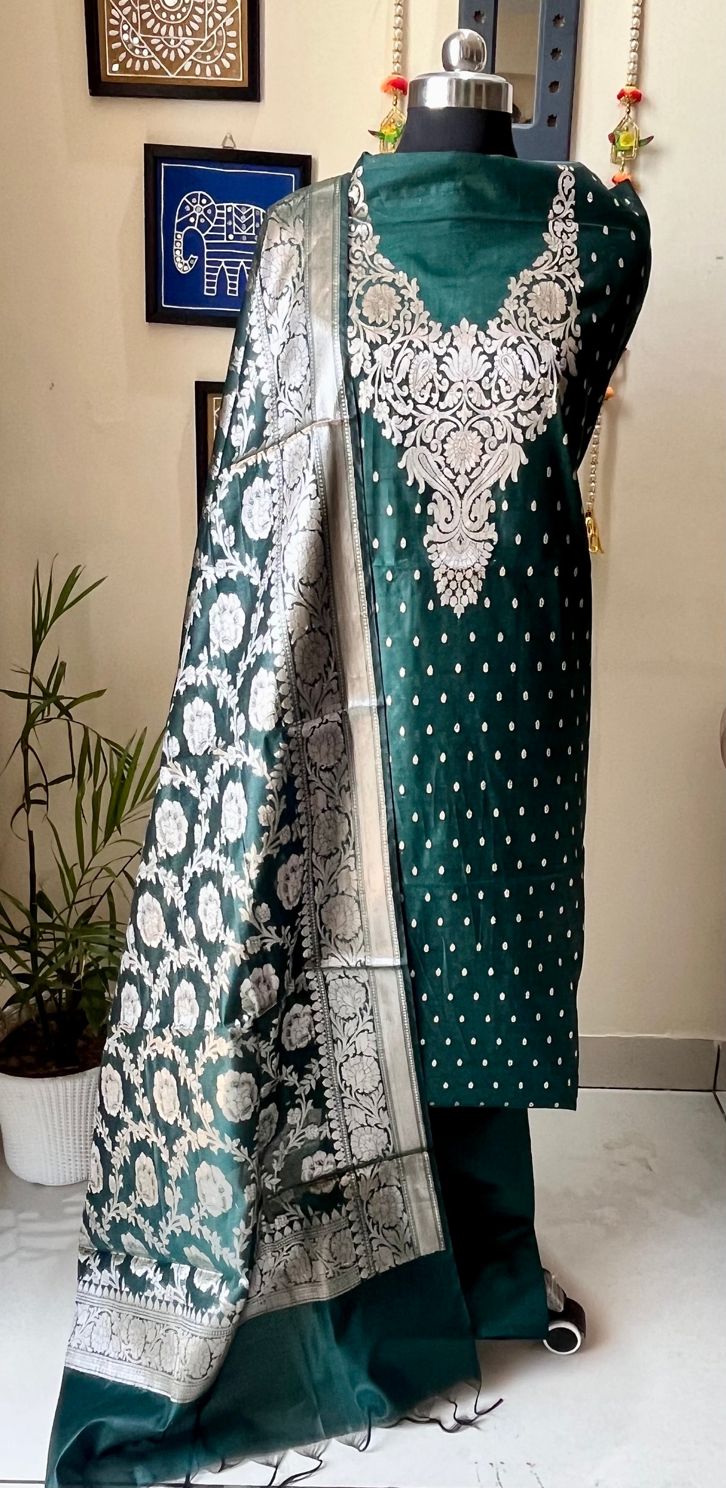Emerald Green Shade Banarasi Silk Cotton 3-Piece Suit with Banarasi Woven Yoke & Dupatta