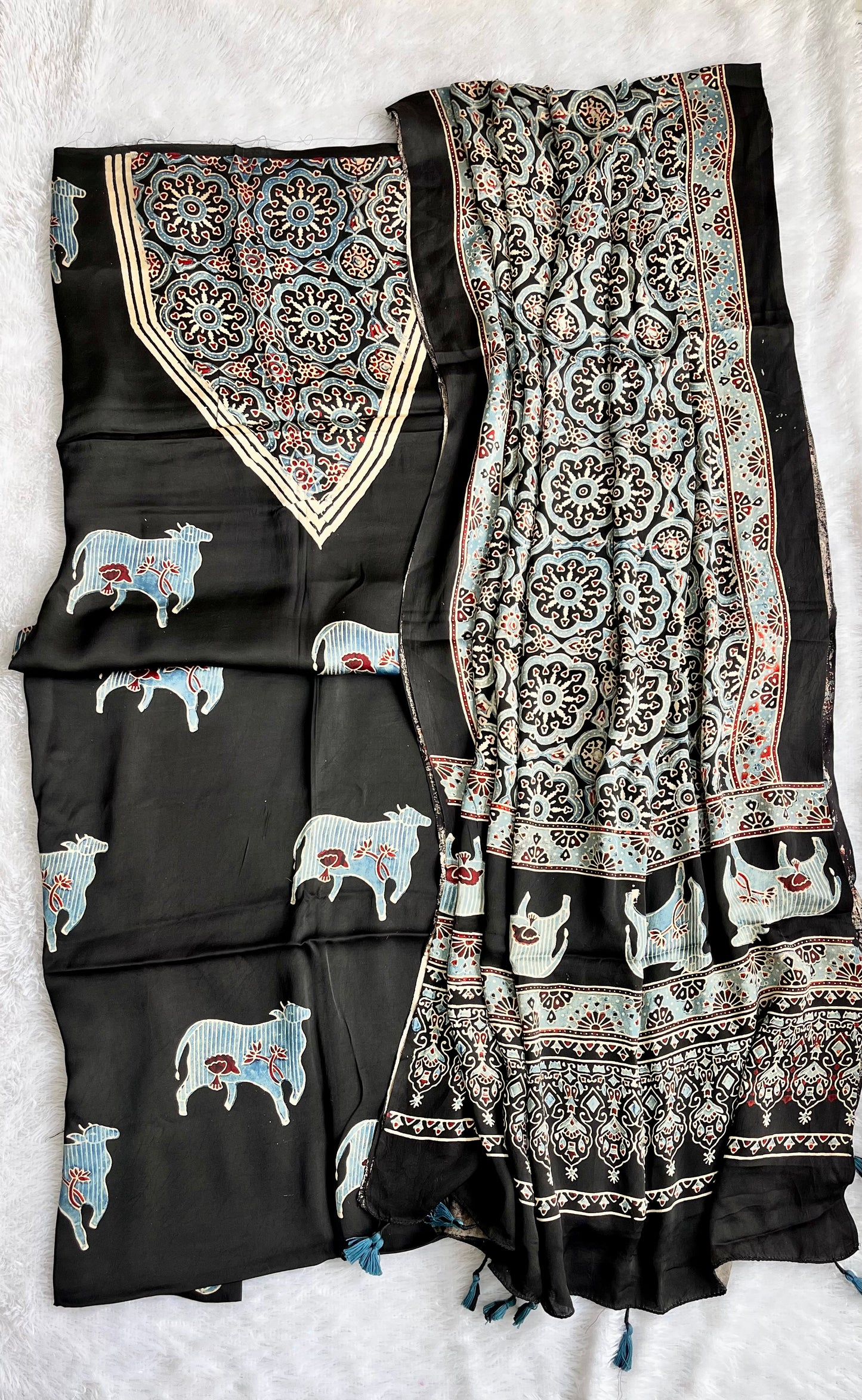 Black Kamdhenu Motif Modal Silk Ajrakh Hand Block 2 pc Suit Set with Tassels Finishing