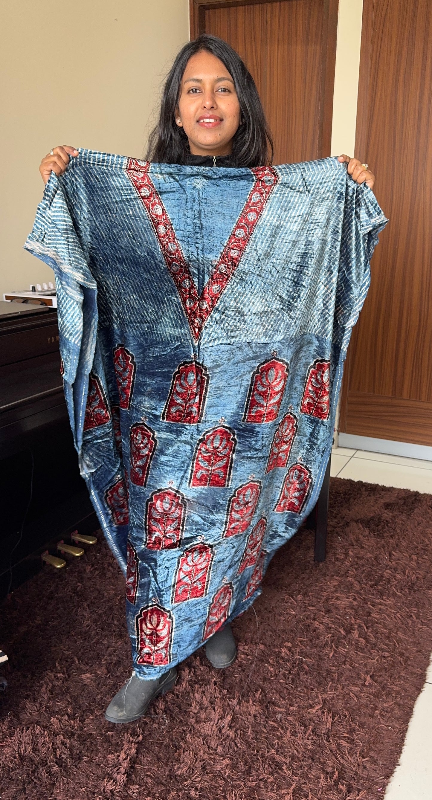Blue and Red Jharokha Buta Velvet Fabric Ajrakh Hand Block Print Designer Unstitched Fabric (Kurta Only)