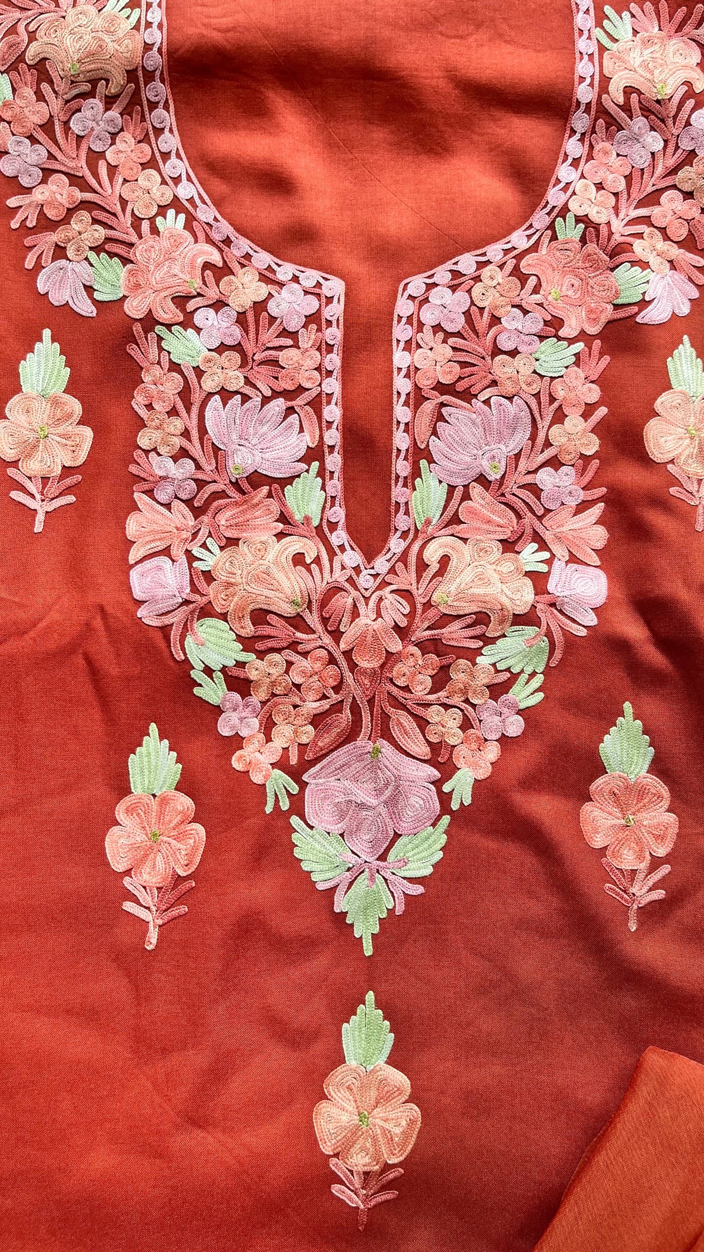 Rust Orange Shade Muslin Cotton Kashmiri Aari Full Embroidered 3pc Suit Set