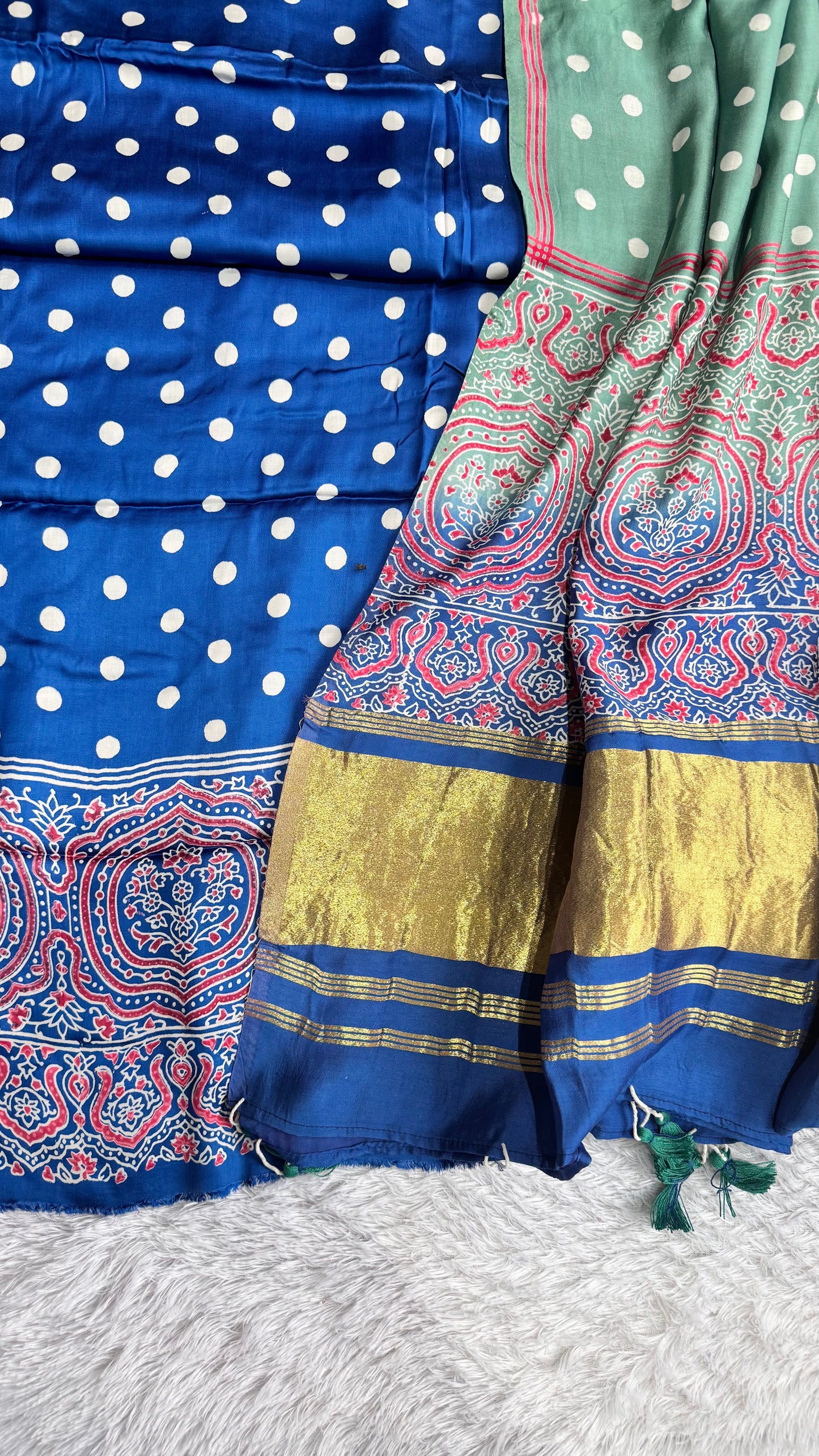 Black Badaam and Polka Buti Motif Modal Silk 2pc Suit Material Set with Modal Silk Lagdi Patti Dupatta