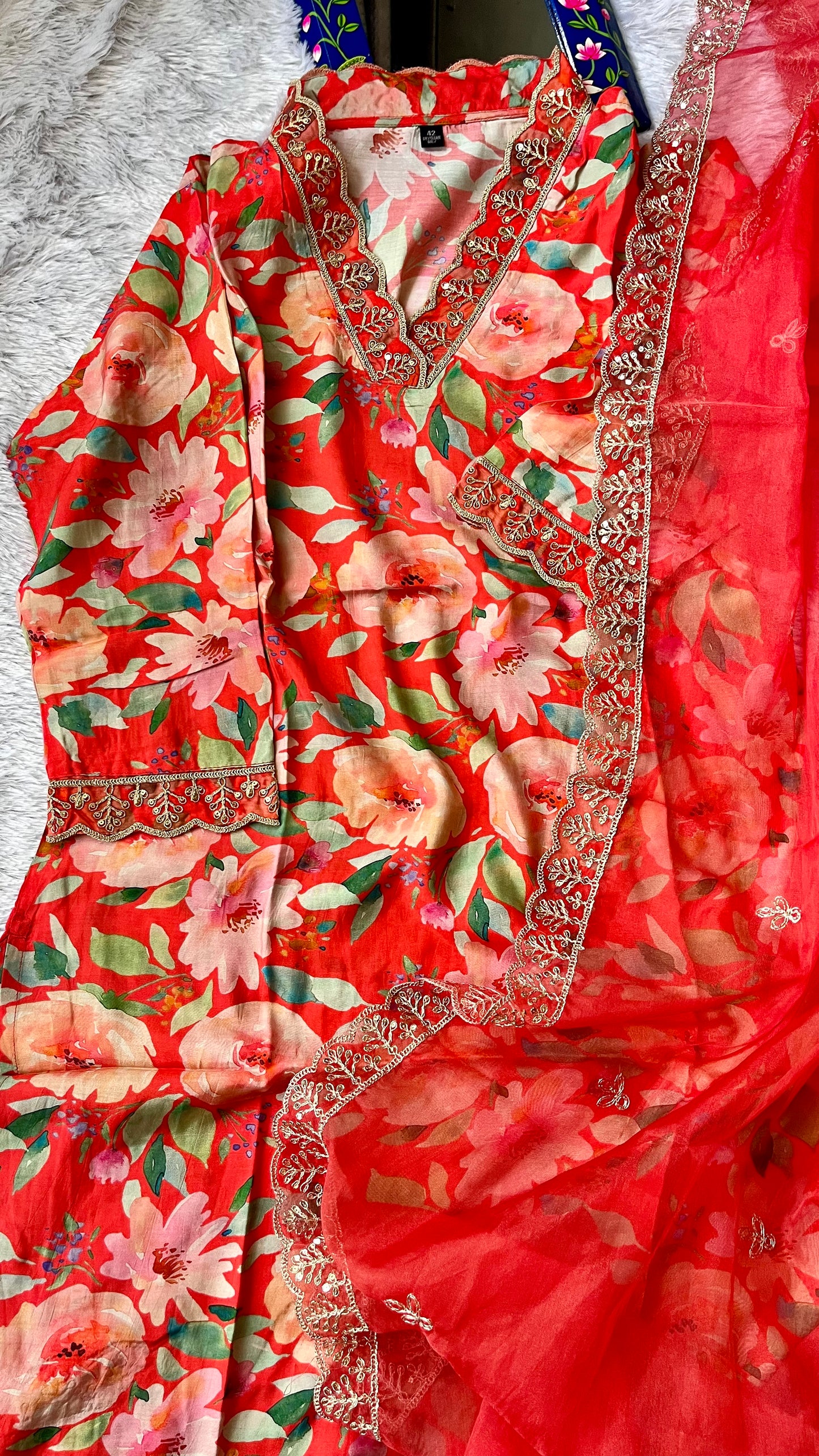 Flaming Orange Floral Print Pure Muslin Suit Set with Organza Dupatta