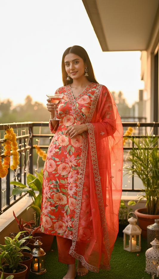 Flaming Orange Floral Print Pure Muslin Suit Set with Organza Dupatta
