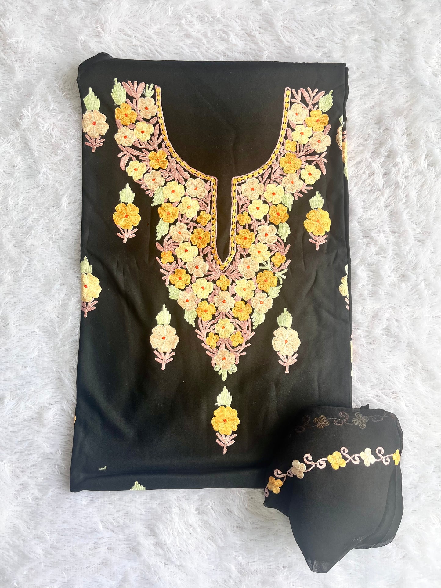 Midnight Black Muslin Cotton Kashmiri Aari Full Embroidered 3pc Suit Set