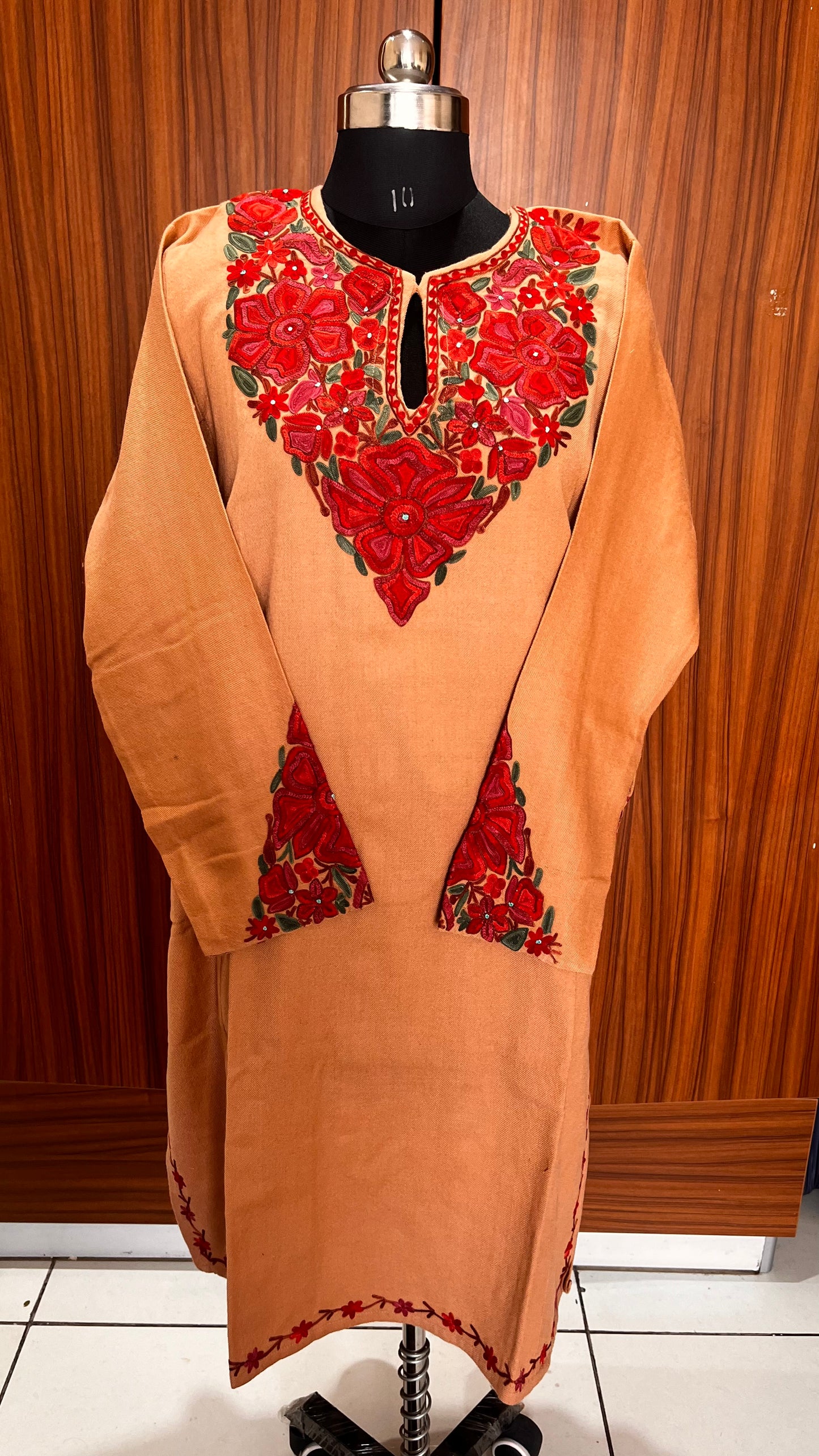 Beige Shade Aari Hand Embroidered Pure Marino Wool Pheran with Pockets