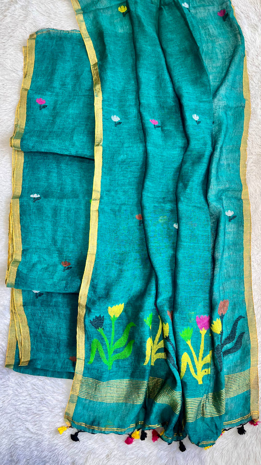 Rama Green Shade Pure Linen on Linen Hand Woven Suit Set with Floral Daman and Tassels
