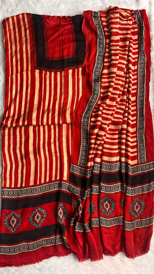 Red and Black Stripe Print Modal Silk Ajrakh Hand Block Suit Set with Modal Silk Dupatta