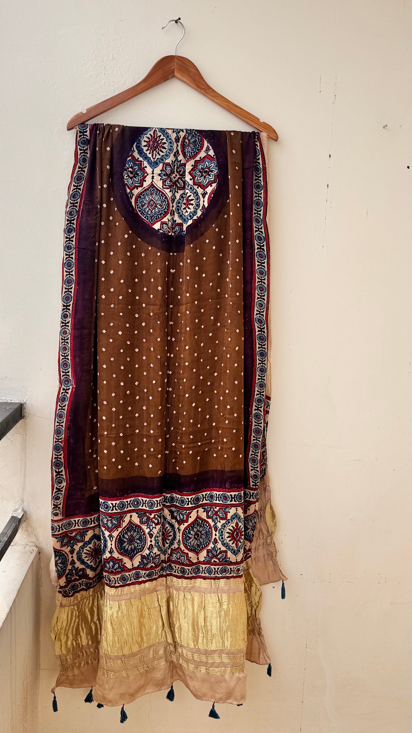 Rasin Brown Multi Dotted Modal Silk Bandhani Ajrakh Lagdi Patti Dupatta