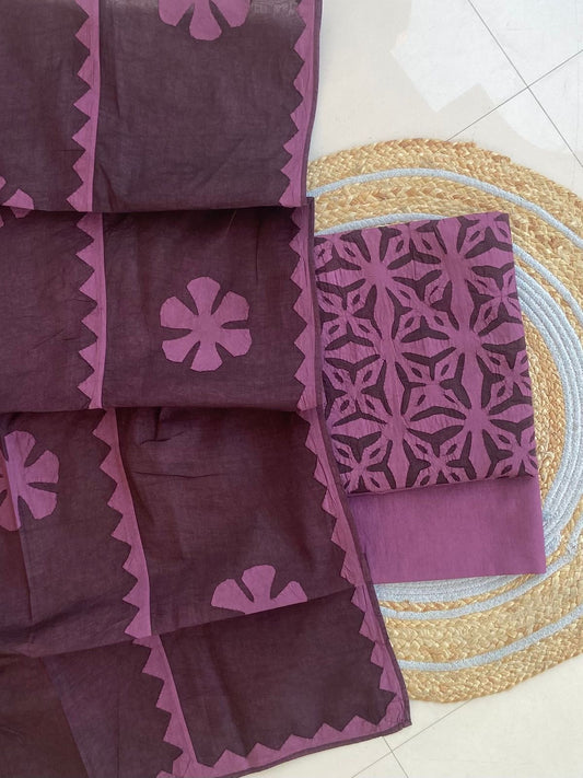 Plum Shade Barmer Applique Cut Work Cotton 3pc Suit Material Set