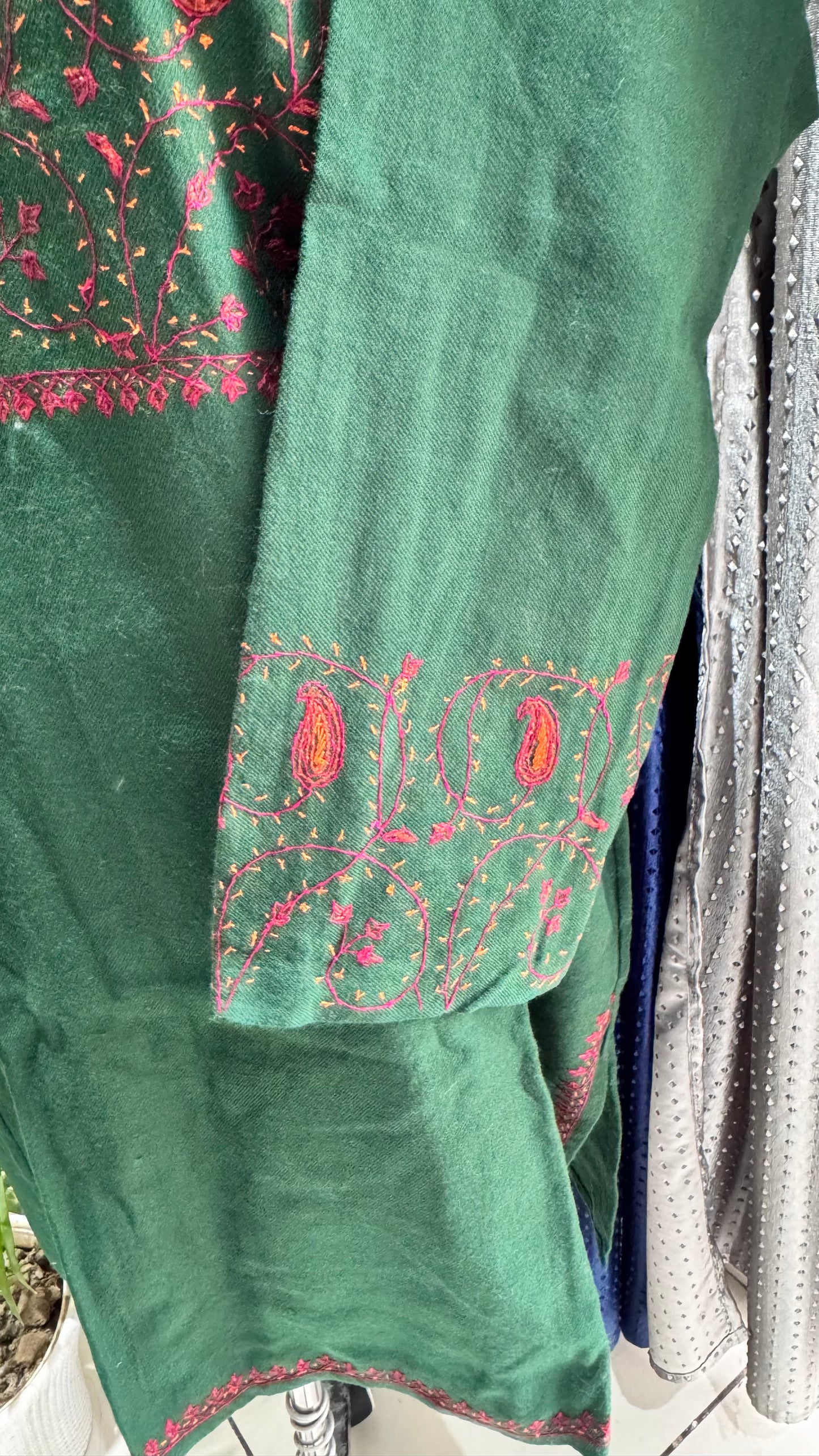 Bottle Green Hand Embroidered Pure Marino Wool Kashmiri Pheran with Pockets and Hand Embroidered Sleeves (Size 54”)