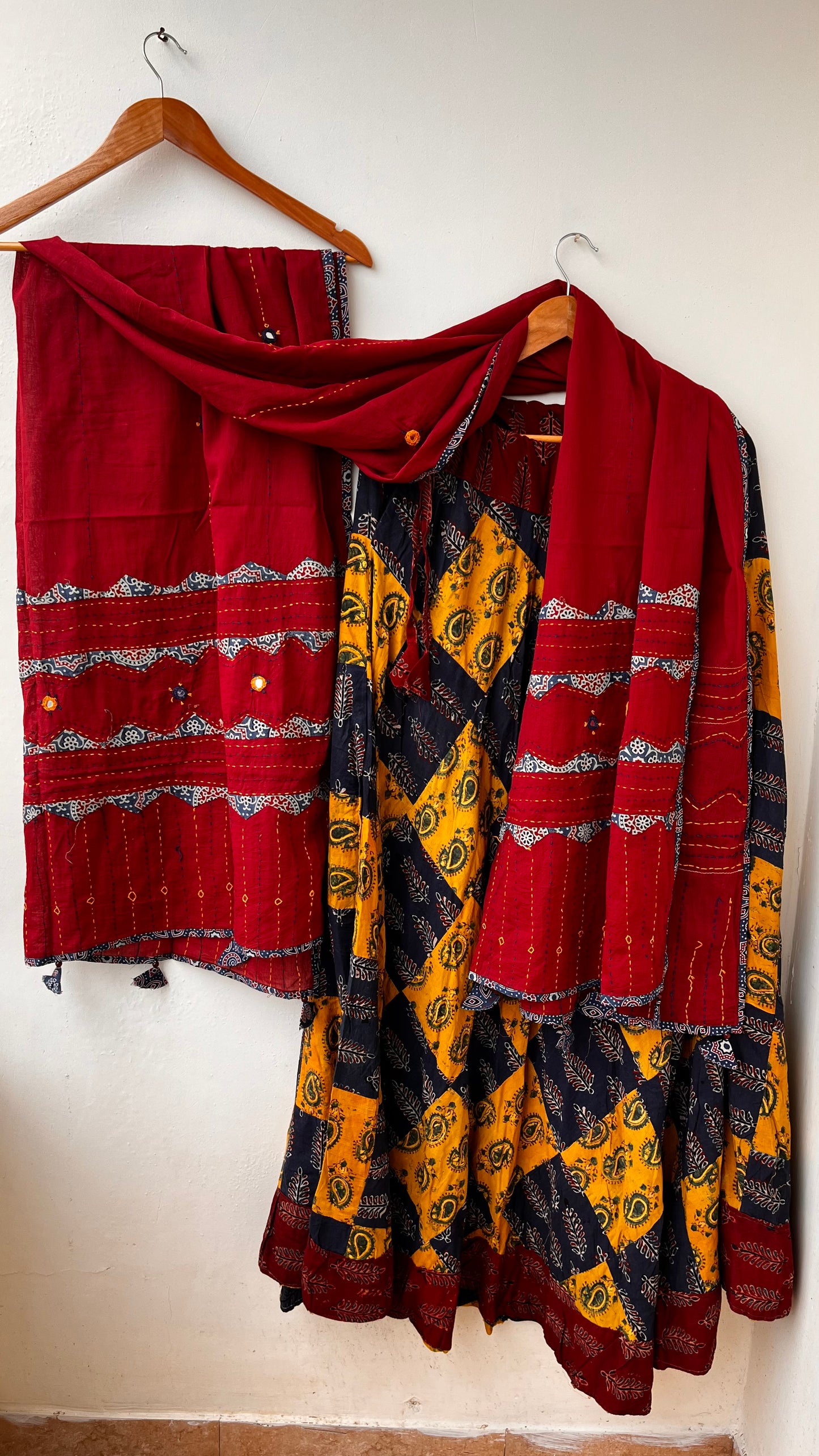 Mustard Yellow and Blue Gherdaar Kali Cotton Long Flared Skirt with Maroon Applique Patchwork Dupatta