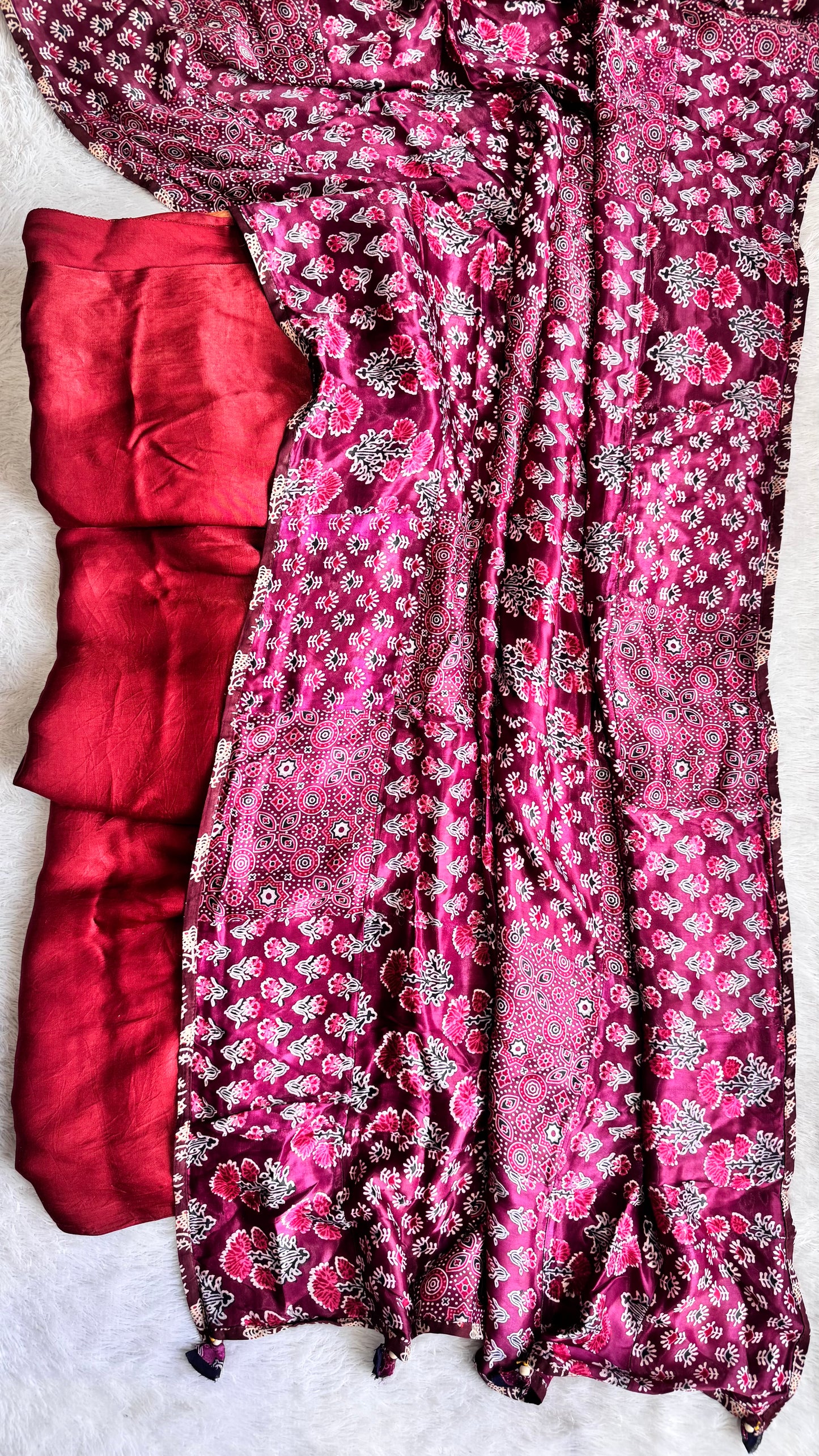 Ravishing Maroon Buta Motif Solid Modal Silk Suit with Ajrakh Applique Modal Silk Dupatta