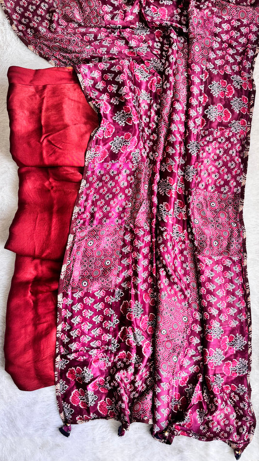 Ravishing Maroon Buta Motif Solid Modal Silk Suit with Ajrakh Applique Modal Silk Dupatta