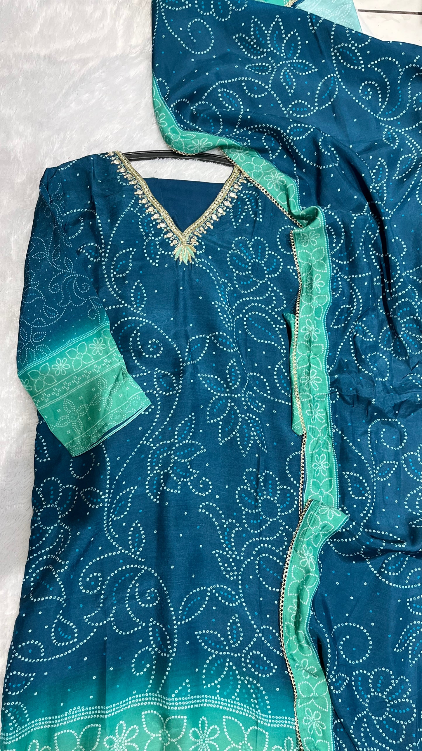 Teal Dual Toned Raidana Bandhej Motif Pure Muslin Suit Set with Muslin Dupatta