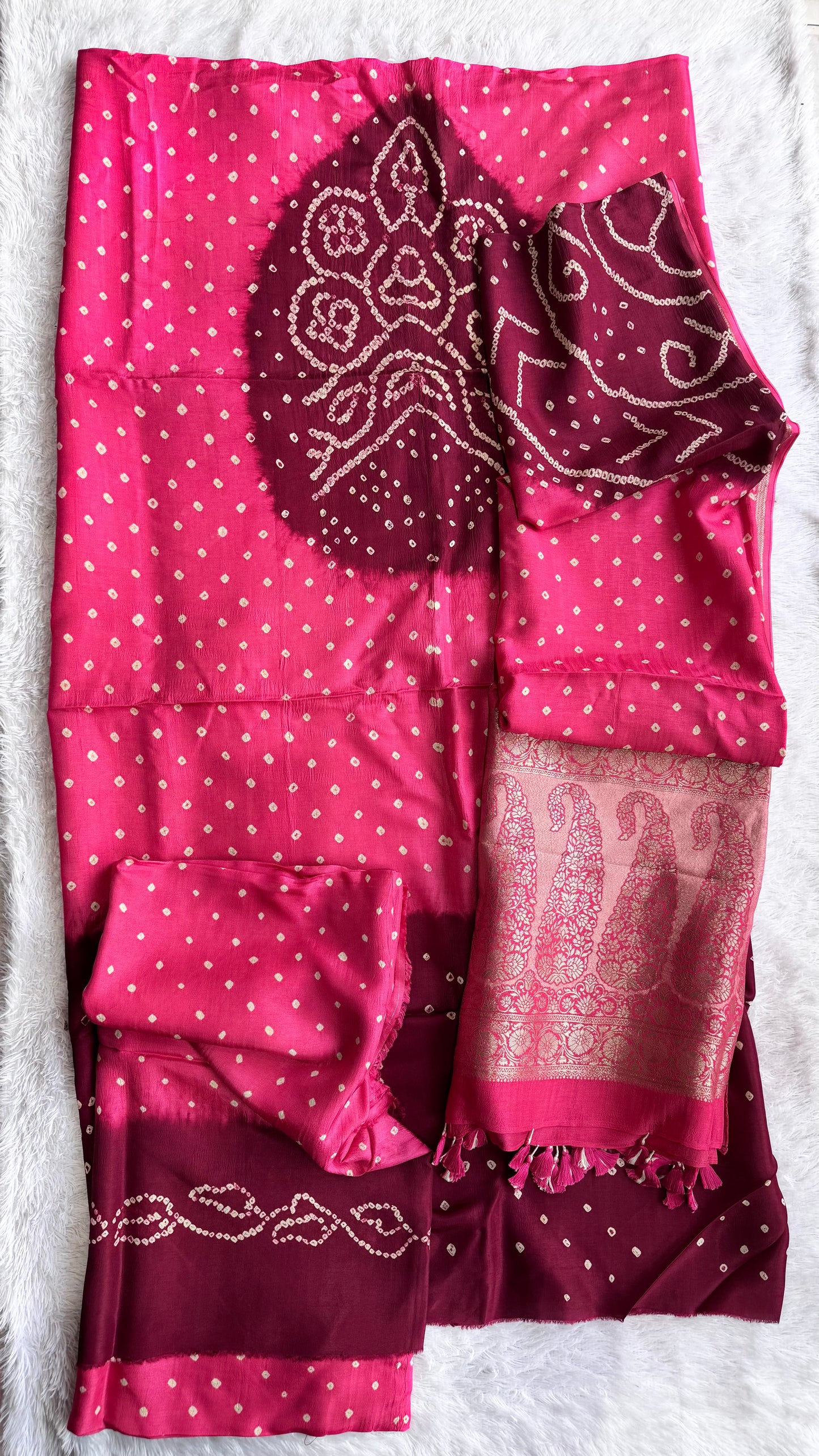Peach And Maroon Bandhej Pure Dola Silk Ajrakh Hand Block Print 3 pc Suit Material Set with Menakari Yoke and Nakkashi Dupatta and Bottom