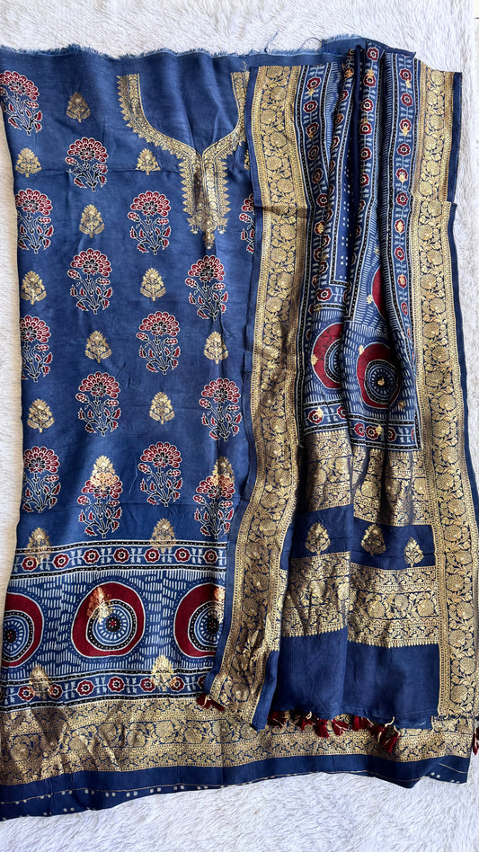 Blue Mugal Boota Pure Dola Silk Ajrakh Hand Block Print 2pc Suit Material Set with Zari Yoke and Nakkashi Dupatta