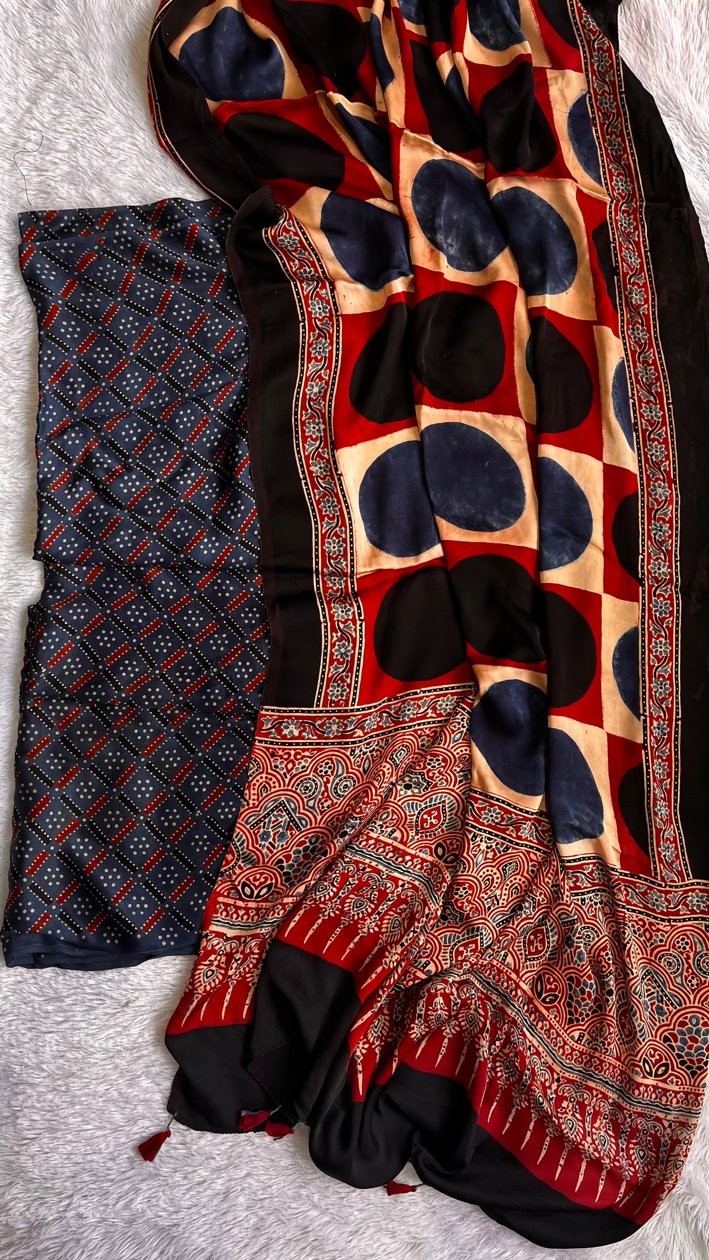 Blue Shade Modal Silk Ajrakh Hand Block Print 2pc Suit Material Set with Modal Silk Dupatta