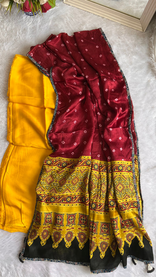 Turmeric Yellow Solid Shade Modal Silk Suit Material with Maroon Modal Silk Applique Work Dupatta