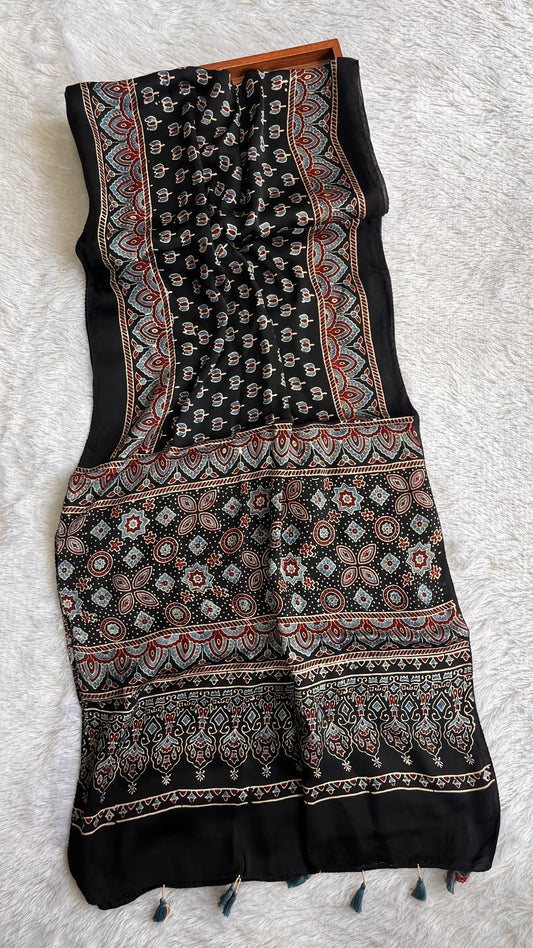 Black Kamal Buti Motif Ajrakh Hand Block Print Modal Silk Stole with Tassels