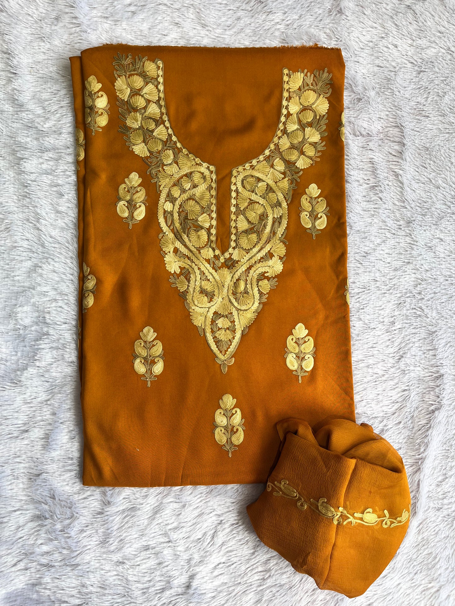 Mustard with Matching Threadwork Muslin Cotton Kashmiri Aari Full Embroidered 3pc Suit Set