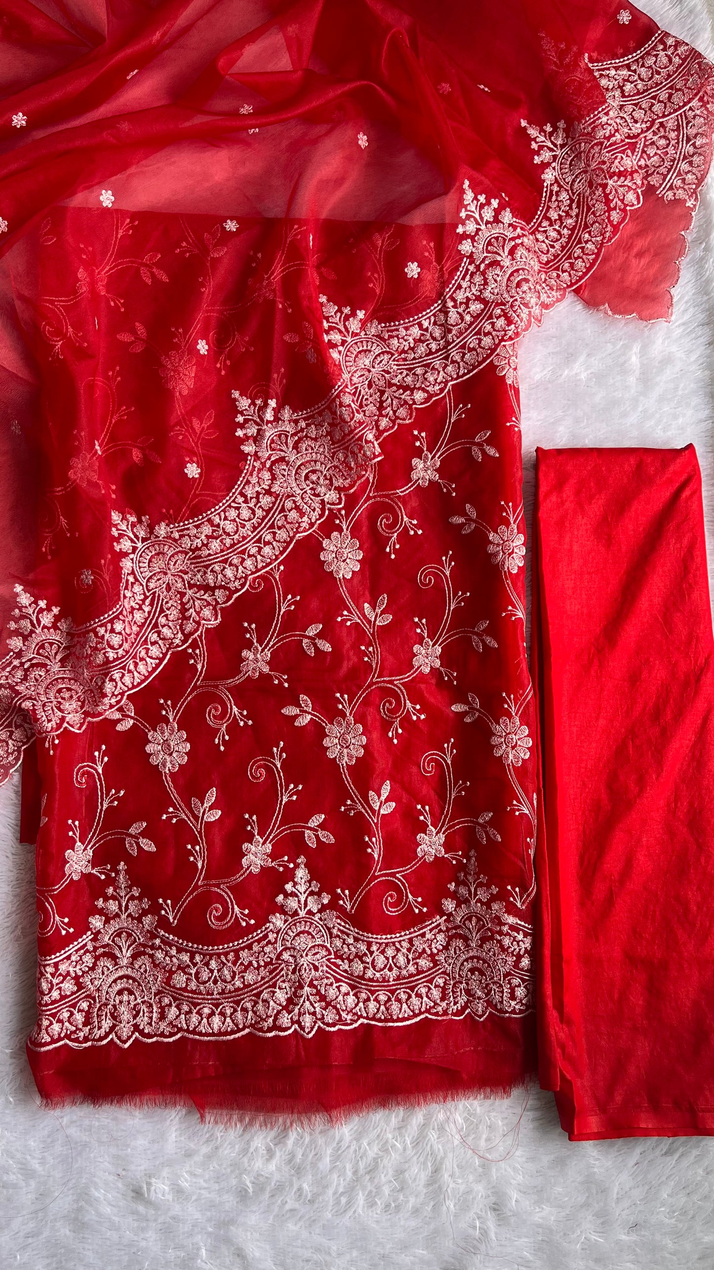 Fiery Red Banarasi Tissue Silk 3-Piece Suit with Threadwork & Organza Dupatta