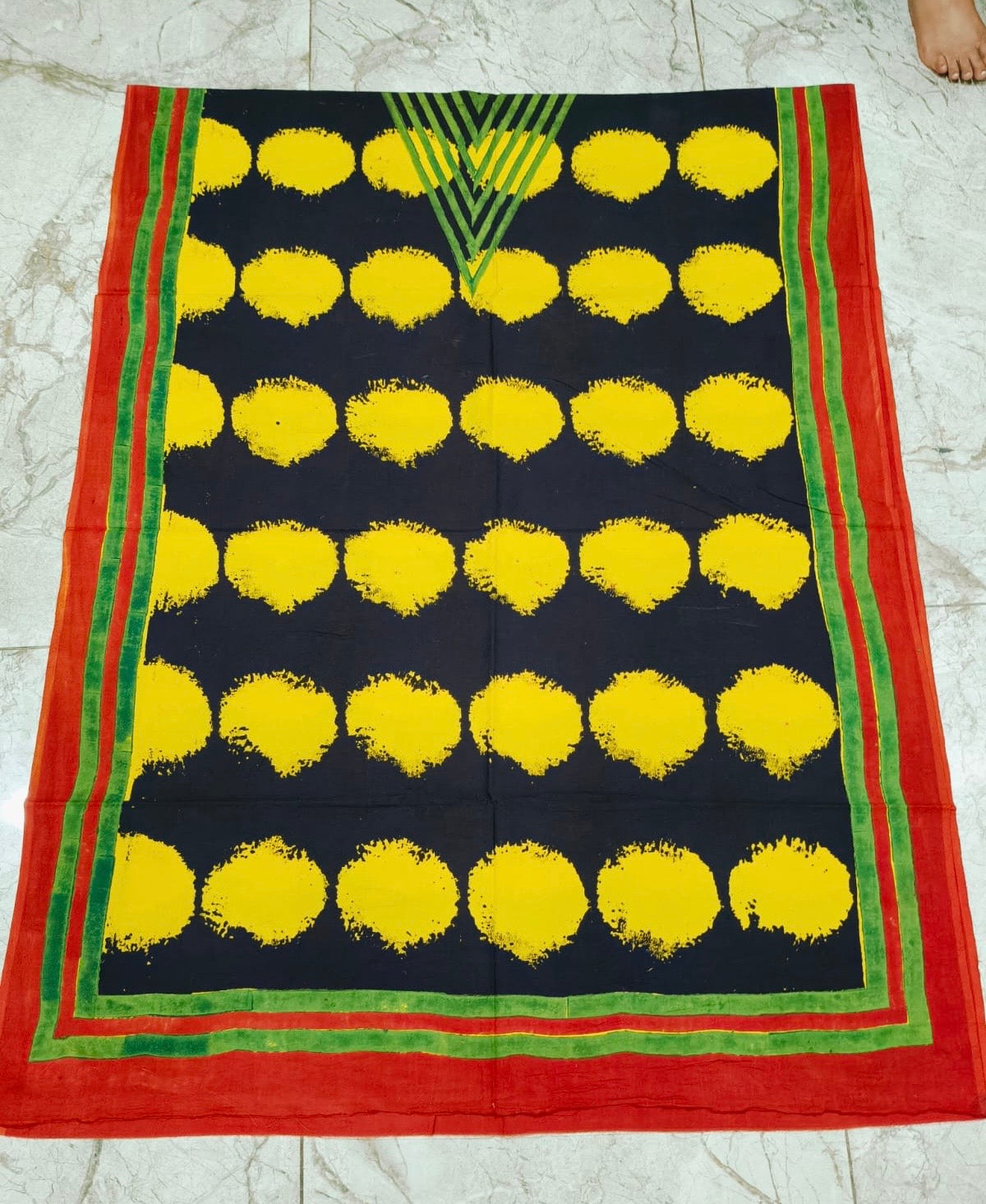 Black and Yellow Big Polka Motif Modal Silk Ajrakh Hand Block Print Designer Unstitched Fabric (Kurta Only)