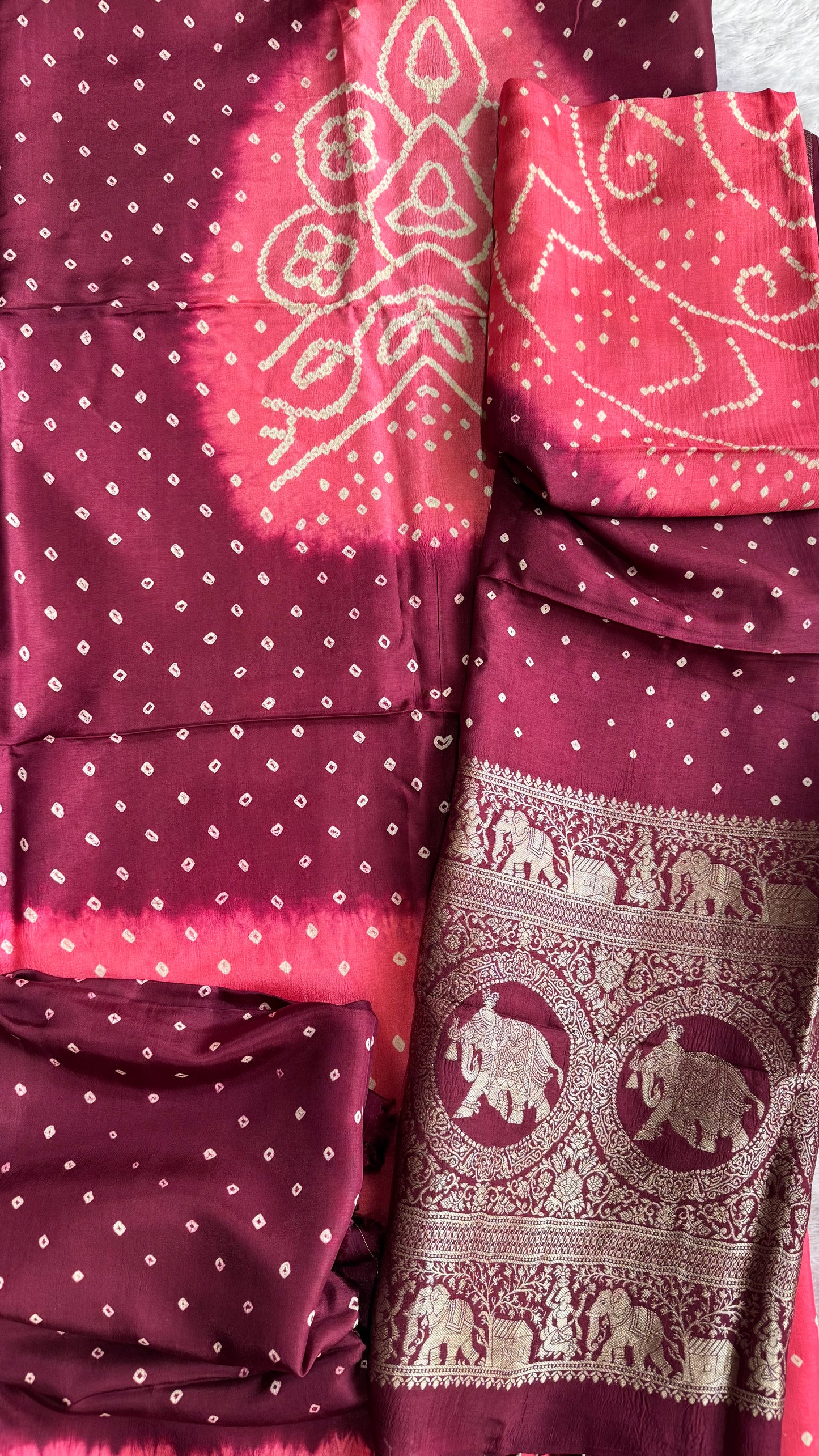 Maroon and Peach Bandhej Pure Dola Silk Ajrakh Hand Block Print 3 pc Suit Material Set with Menakari Yoke and Nakkashi Dupatta and Bottom.