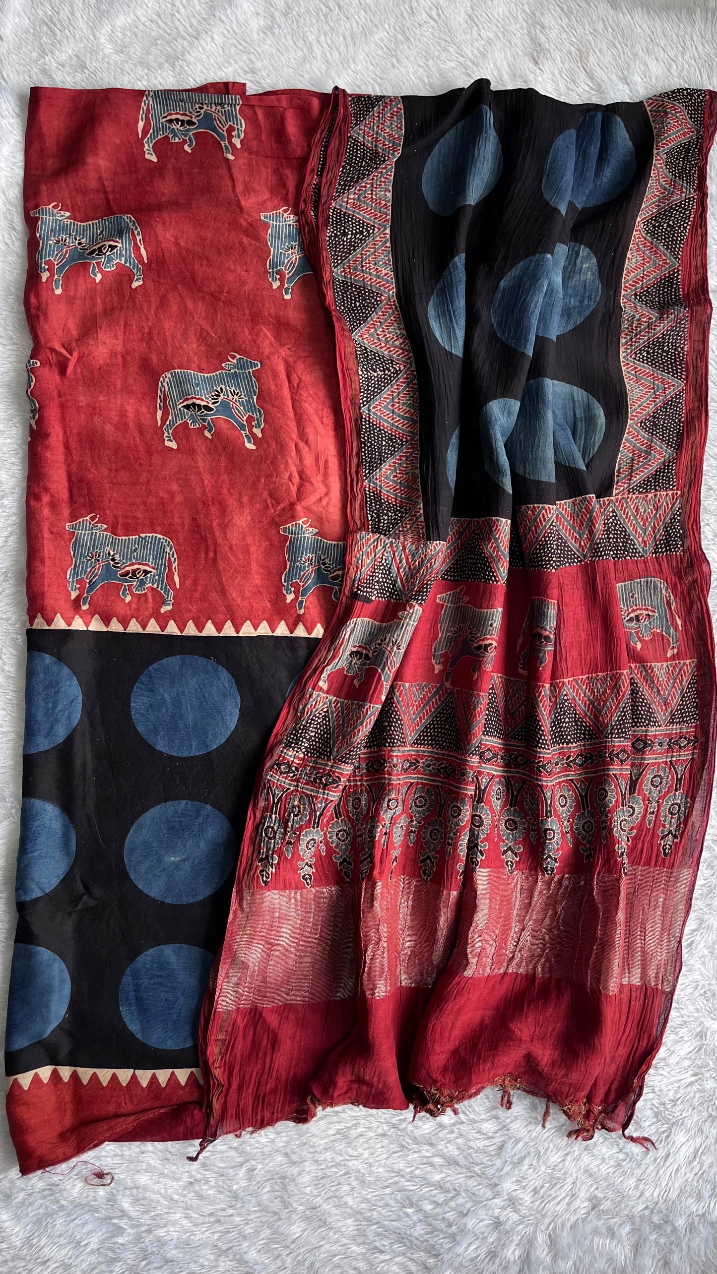 Red and Blue Cow and Polka Motif Ajrakh Hand Block Print Chanderi Silk Cotton 2 pc Suit Material