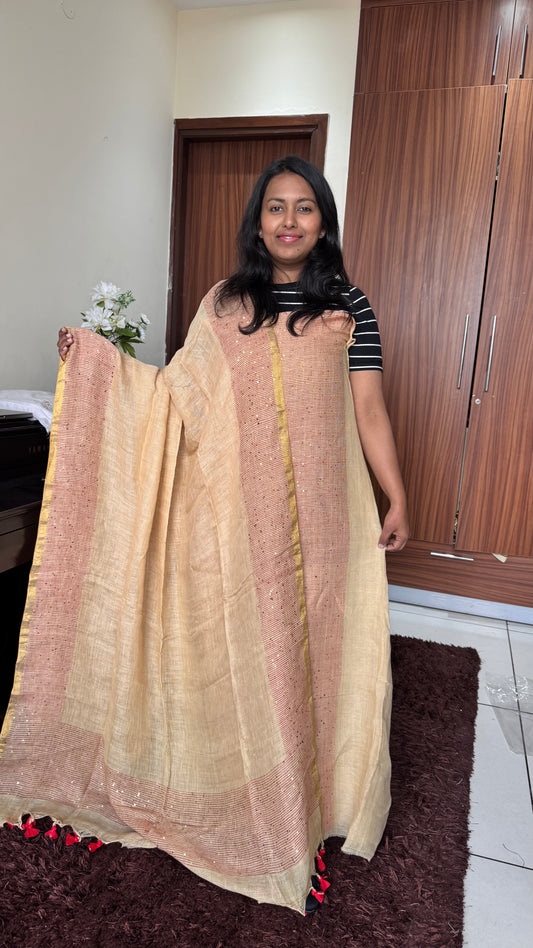 Badaami Pure Linen on Linen Hand Woven Suit Set with Sequins Work and Tassels