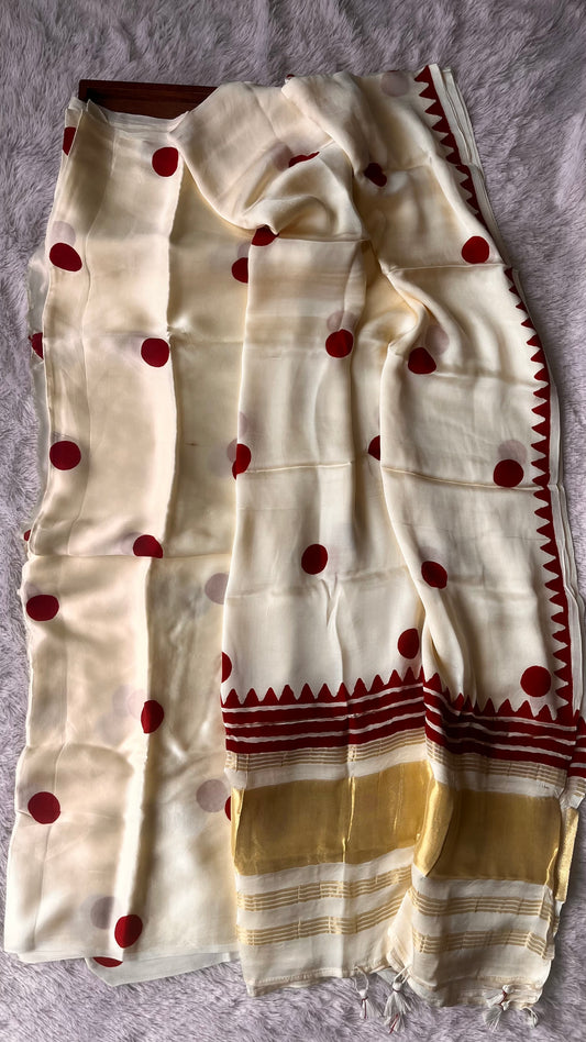 Milky White and Red Polka Motif Pure Modal Silk 2pc Suit Set with Lagdi Patti Dupatta