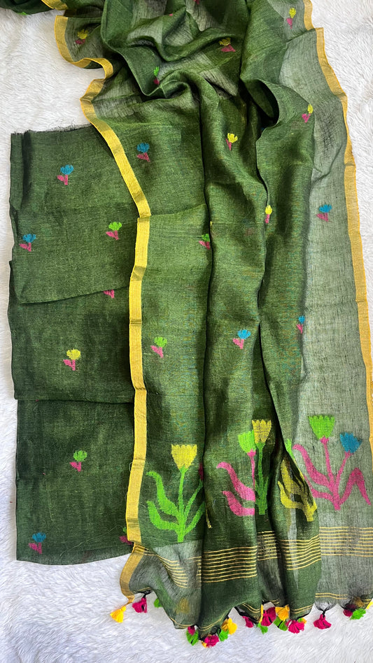 Bottle Green Shade Pure Linen on Linen Hand Woven Suit Set with Floral Daman and Tassels