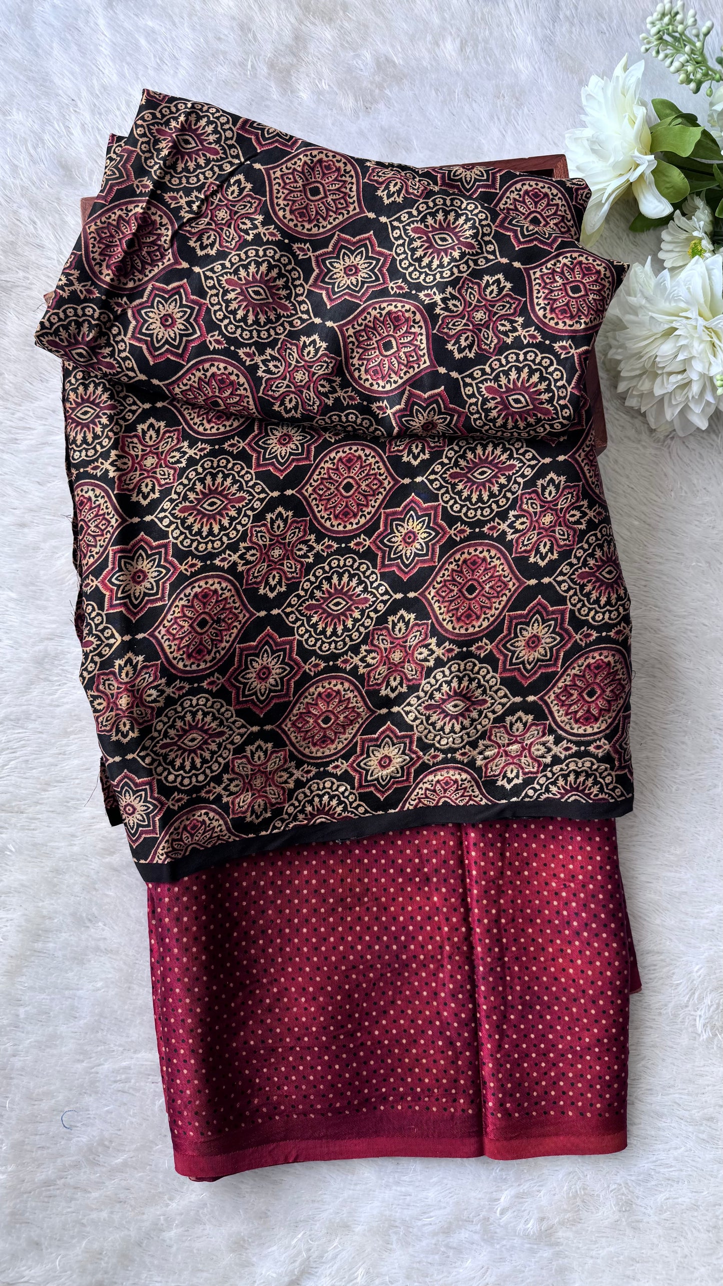 Black and Red Badaam Buta Motif Ajrakh Mashru Silk Kurta Pant Fabric