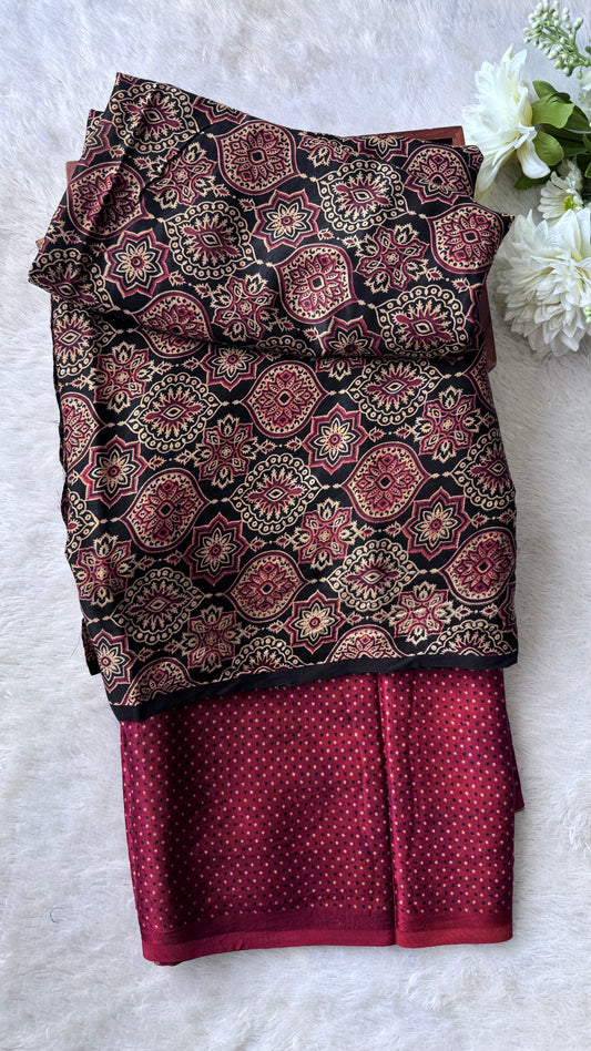 Black and Red Badaam Buta Motif Ajrakh Mashru Silk Kurta Pant Fabric