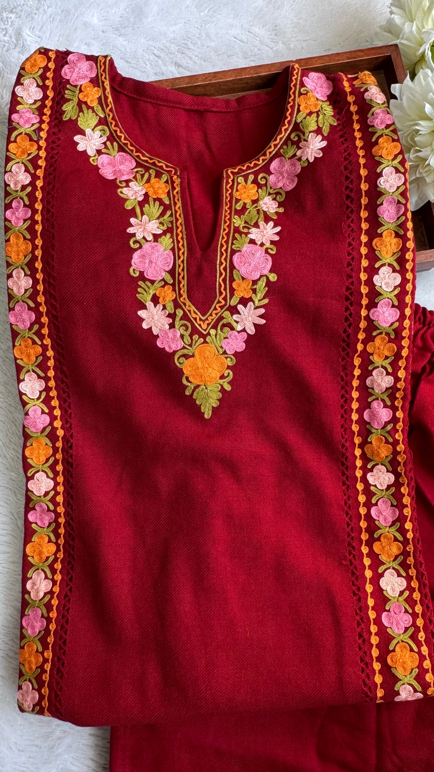 Maroon with Multicoloured Floral Kashmiri Aari Hand Embroidered Woollen Pheran Set with Pockets and Pants