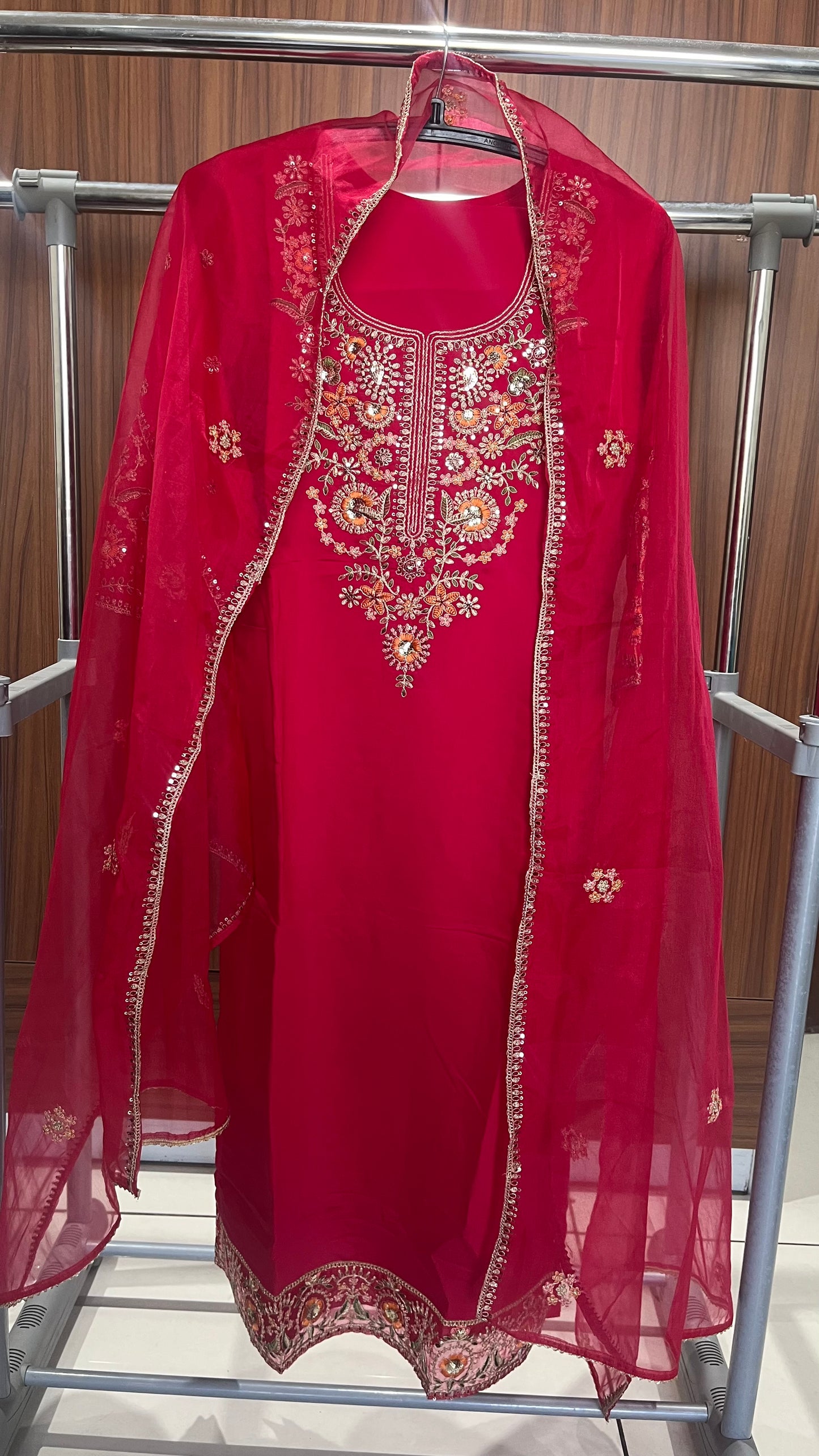 Hot Pink Pure Muslin Suit Set with Organza Dupatta and Organza Sleeve Details