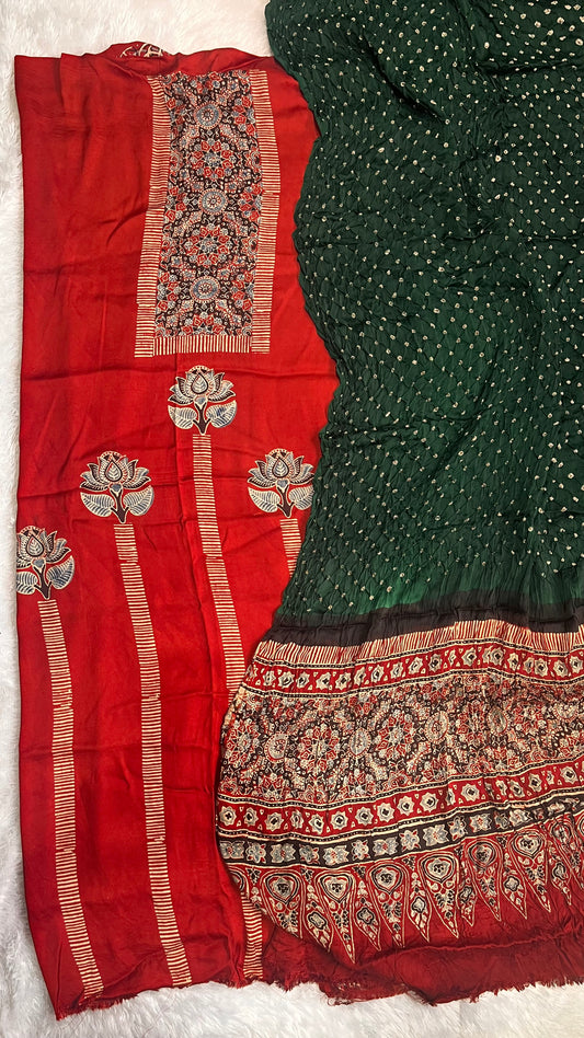 Ravishing Red Kamal Print Modal Silk Hand Block Print 2pc Suit Material with Green Bandhej Dupatta