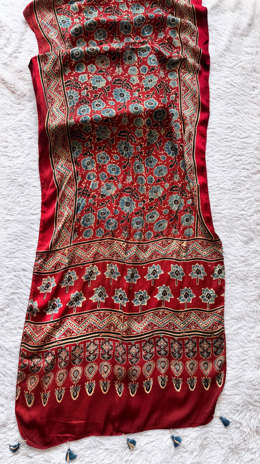 Maddar Red Floral Motif Ajrakh Hand Block Print Modal Silk Stole with Tassels