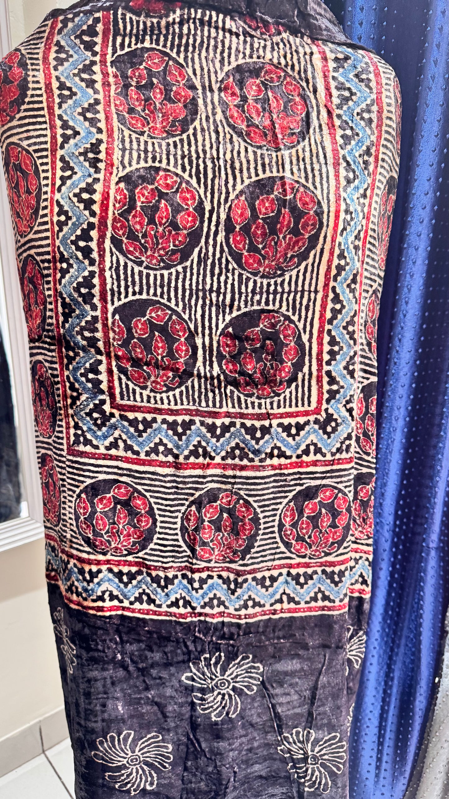 Black Buta Velvet Fabric Ajrakh Hand Block Print Designer Unstitched Fabric (Kurta Only)