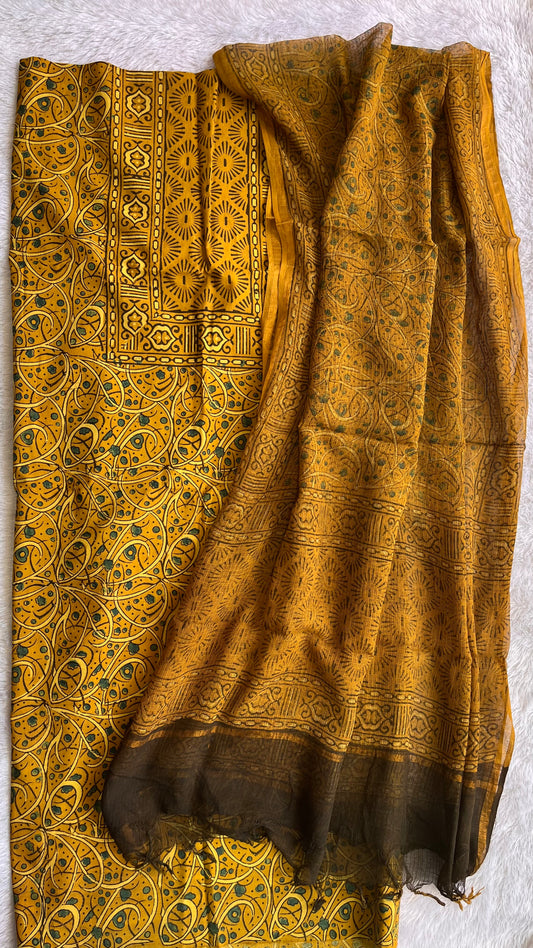 Turmeric Yellow Pure Cotton Ajrakh Unstitched Suit Set with Ajrakh Kota Doria Dupatta