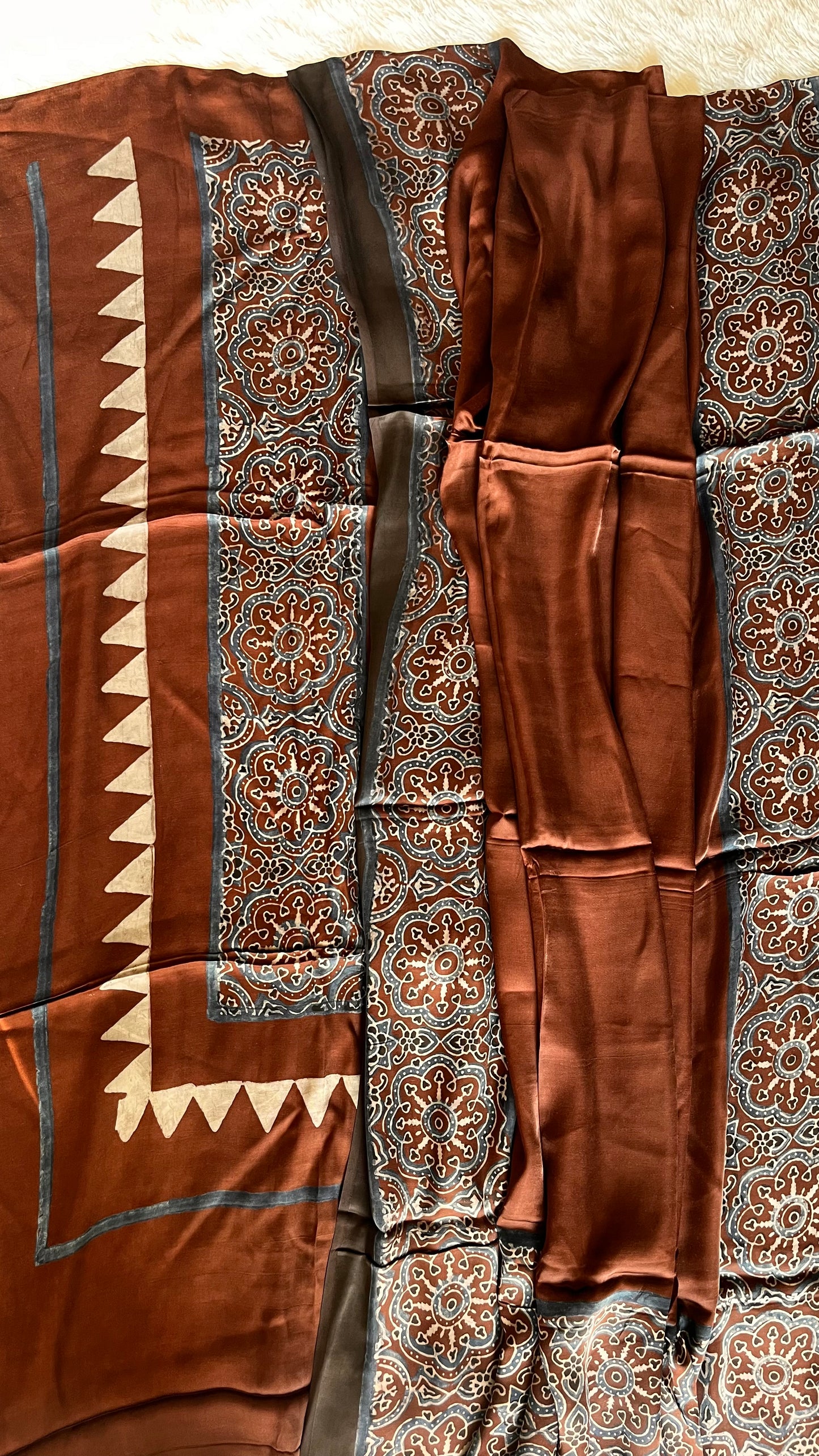 Dark Cocoa Shade Modal Silk Hand Block Print 2pc Suit Material Set with Modal Silk Dupatta
