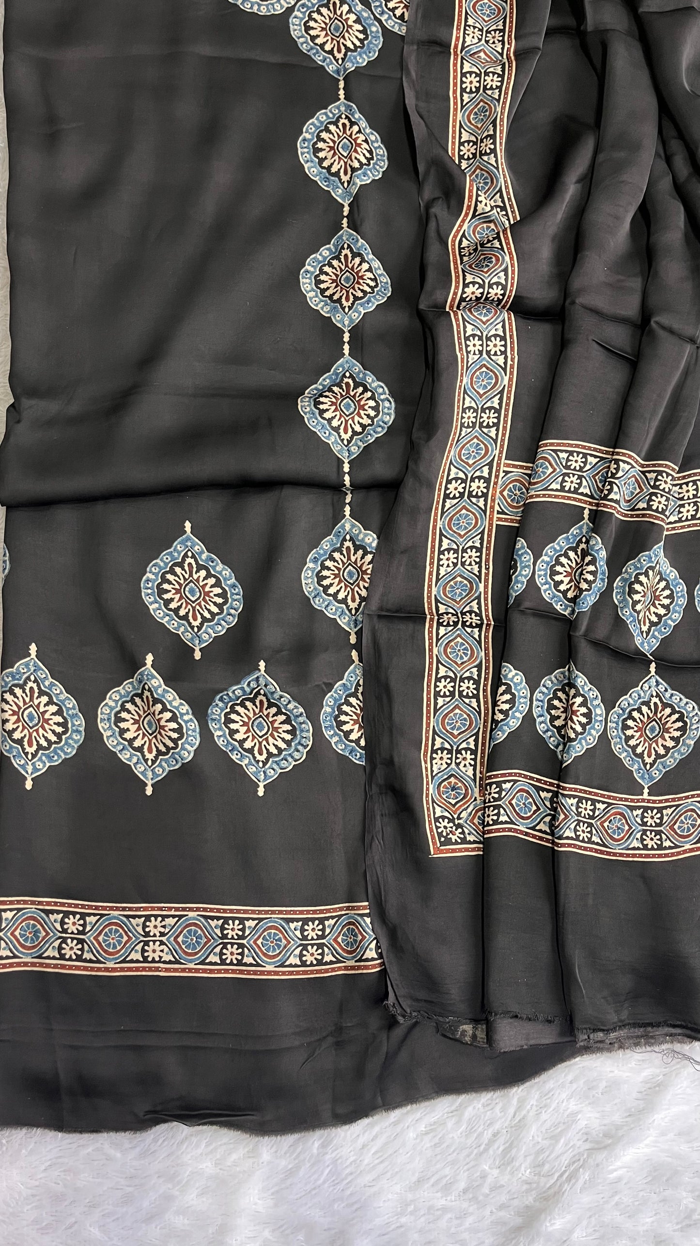 Black Solid Shade Seepi Motif Modal Silk Suit Material with Ajrakh Modal Dupatta