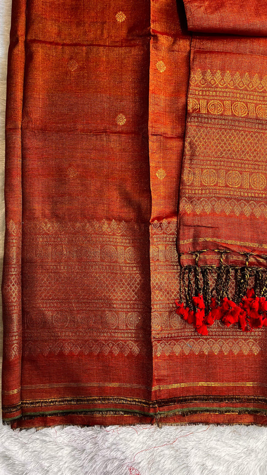 Burnt Orange Unstitched Pure Linen with Tissue Woven daman 2 pc Suit Set