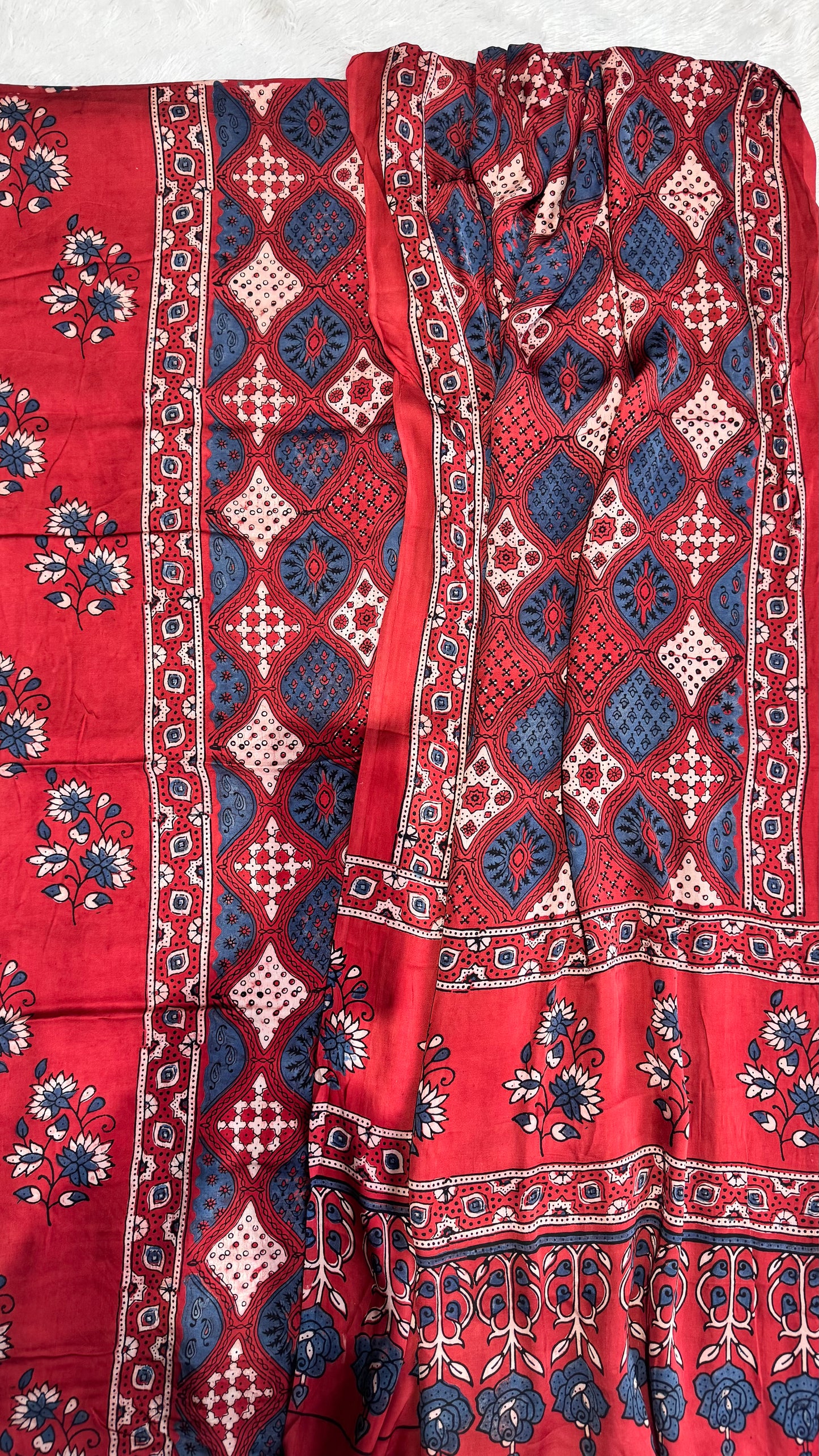 Maddar Red Mugal Buta Print Modal Silk Ajrakh Natural Dyed Hand Block Print 2pc Suit Material Set