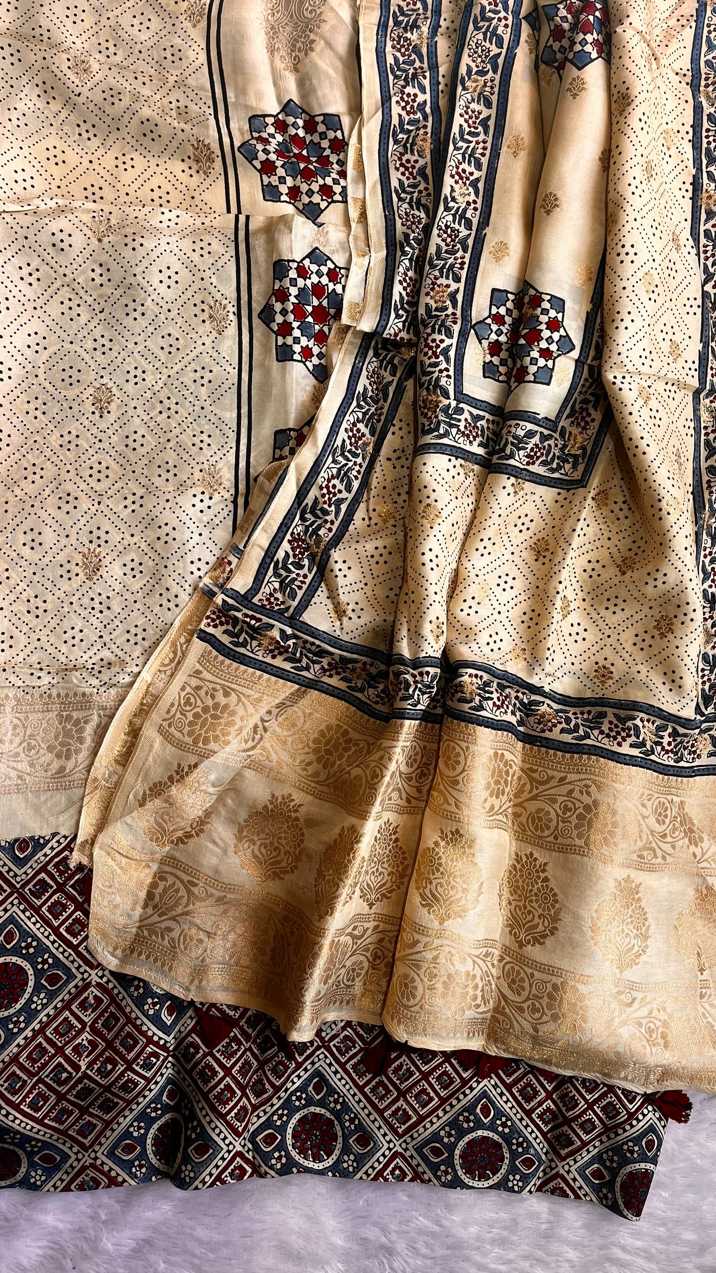 Off White Bareek Boota Pure Dola Silk Ajrakh Hand Block Print 2pc Suit Material Set with Menakari Yoke and Nakkashi Dupatta