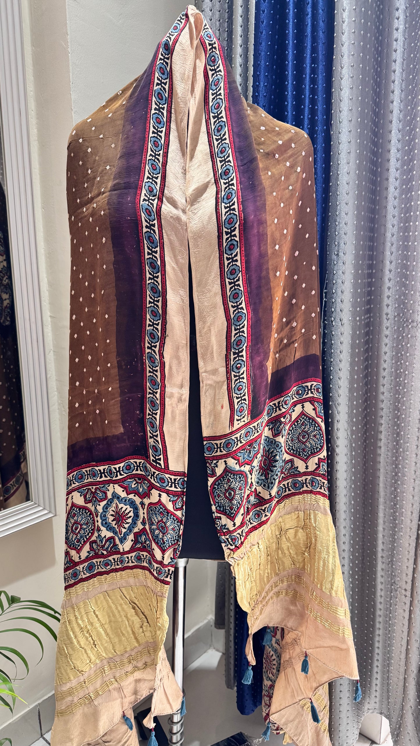 Rasin Brown Multi Dotted Modal Silk Bandhani Ajrakh Lagdi Patti Dupatta