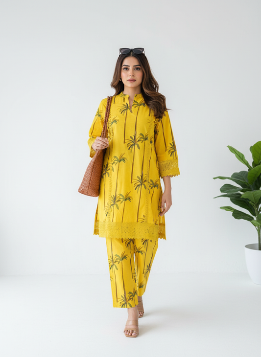 Yellow Tree Buta Print Cotton Co Ord Set with Lace Details and Pockets