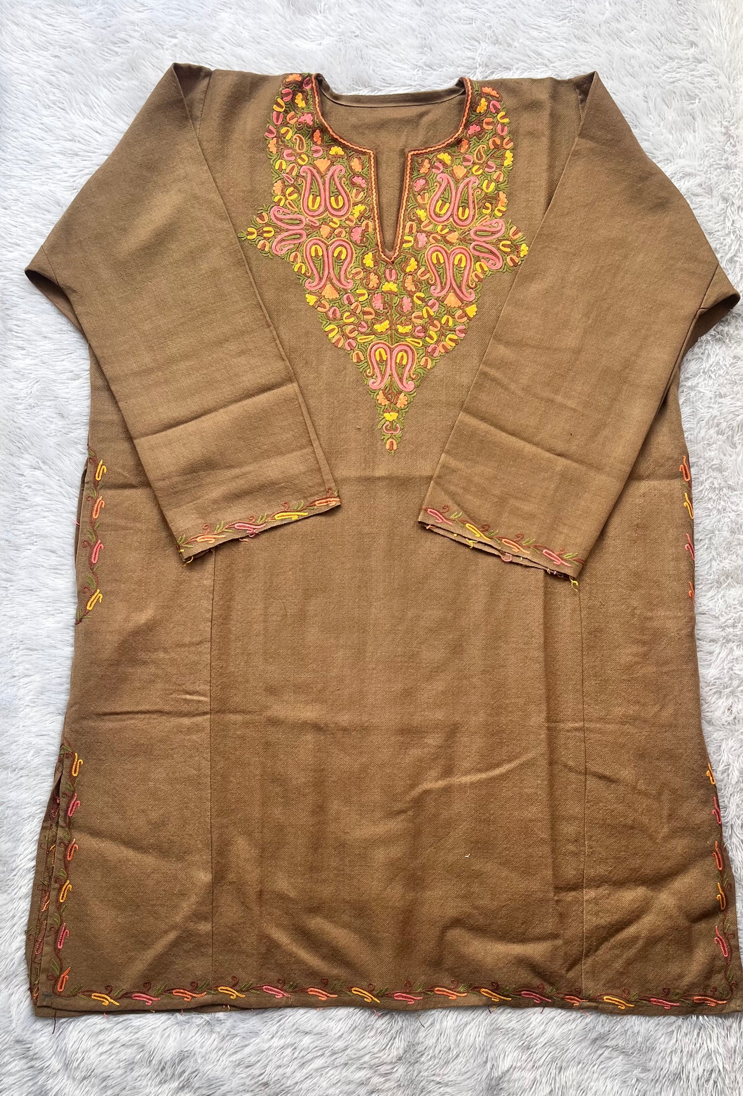 Cheeku Shade Aari Hand Embroidered Marino Wool Pheran with Pockets